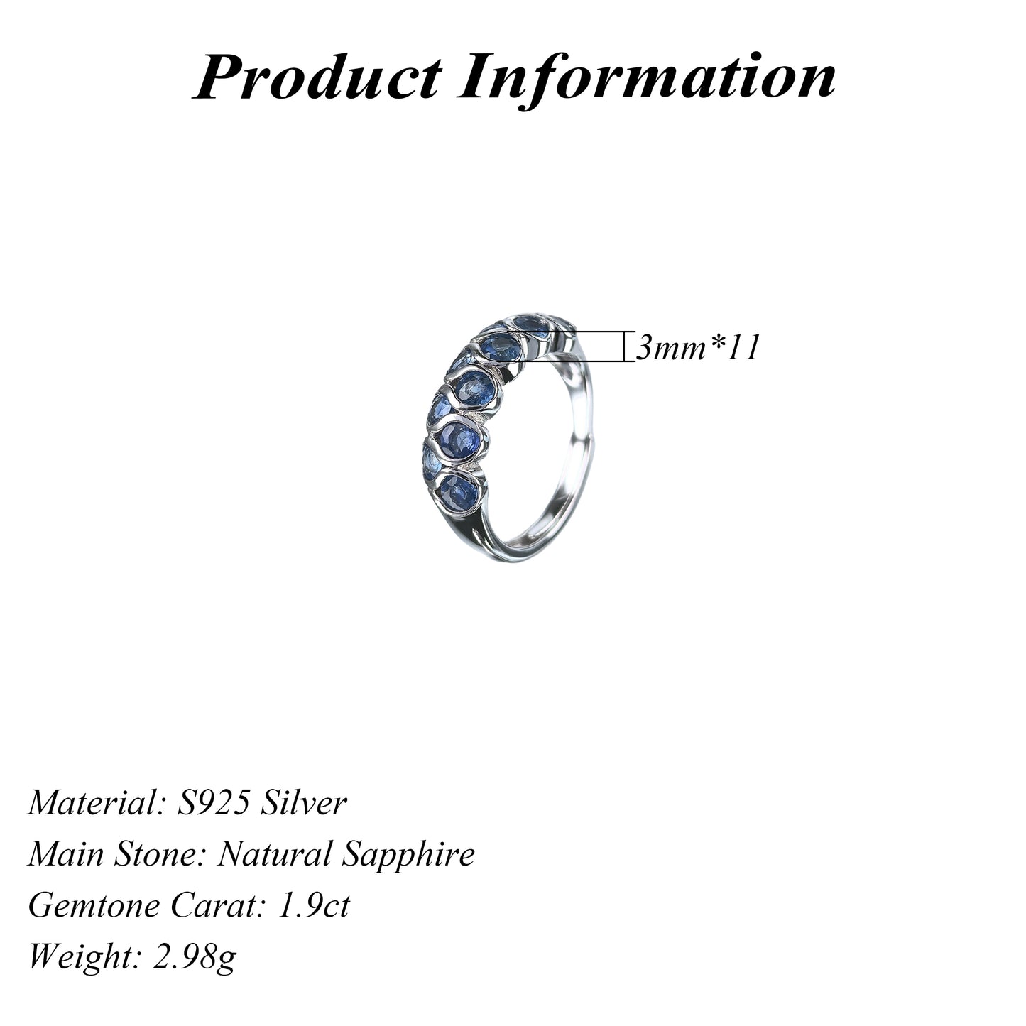 Elegant Vintage Silver 925 Ring Rhodium Plated Natural Sapphire Ring