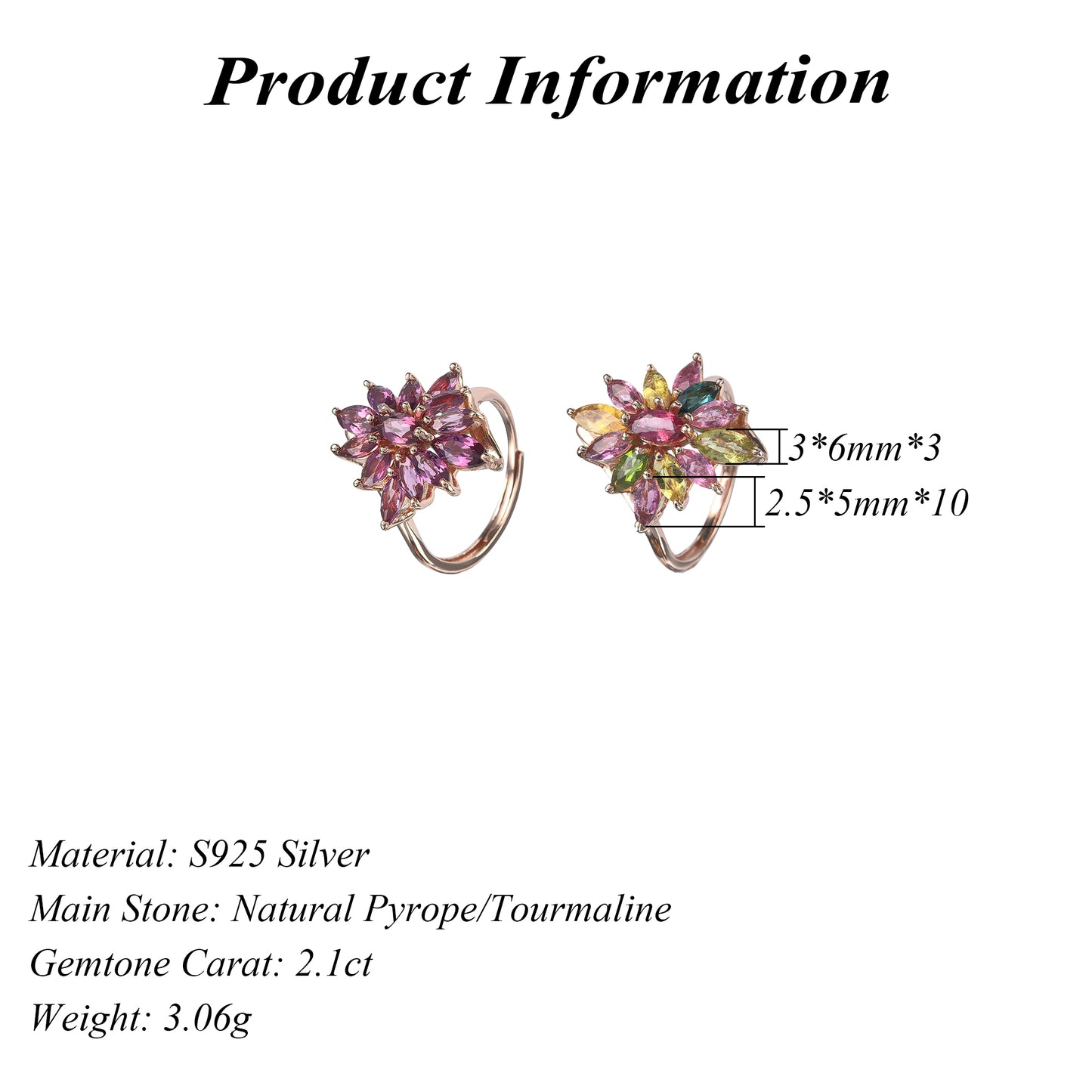 Gorgeous Rose Gold Plated Silver 925 Jewelry Natural Tourmaline/Pyrope Flower Ring