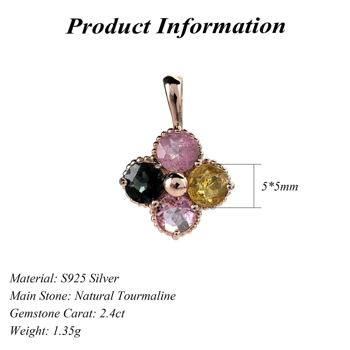 Rose Gold Plated 925 Sterling Silver Natural Tourmaline Four Leaf Clover Pendant