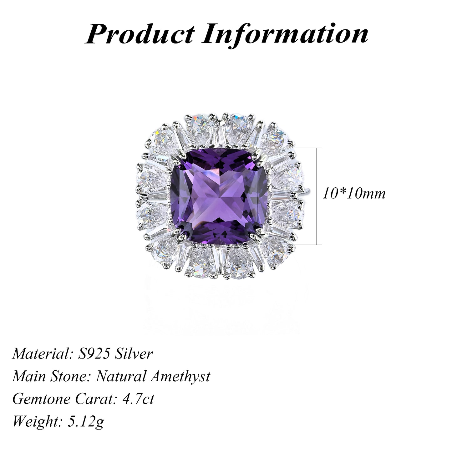 Sparkling Rhodium Plated Silver 925 Jewelry Natural Amethyst Ring