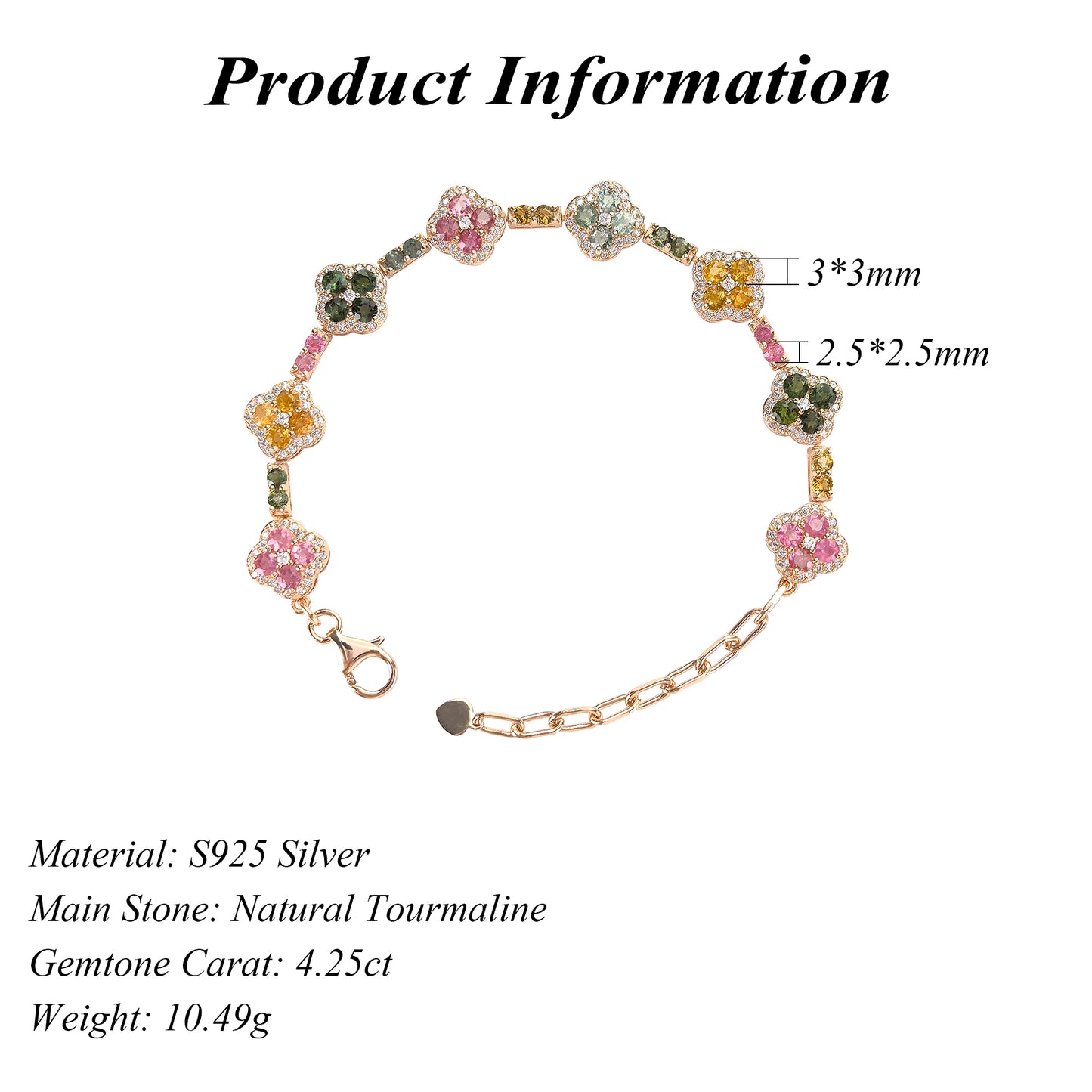 Romantic Rose Gold Plated 925 Fine Jewelry Natural Tourmaline Clover Bracelet