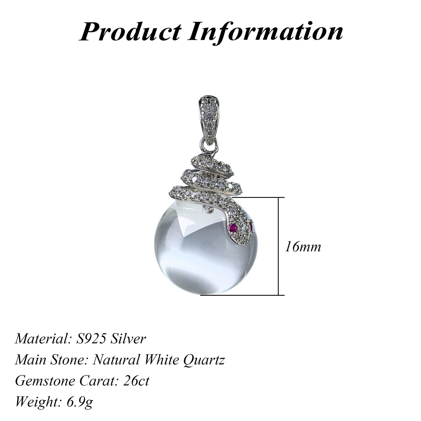 Charming Rhodium Plated 925 Silver Jewelry Natural White Quartz Snake Pendant