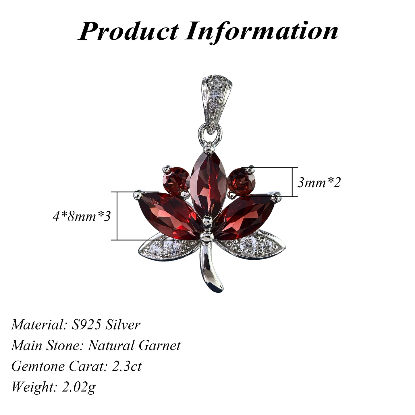 Graceful Rhodium Plated 925 Silver Jewelry Natural Garnet Maple Leaf Pendant