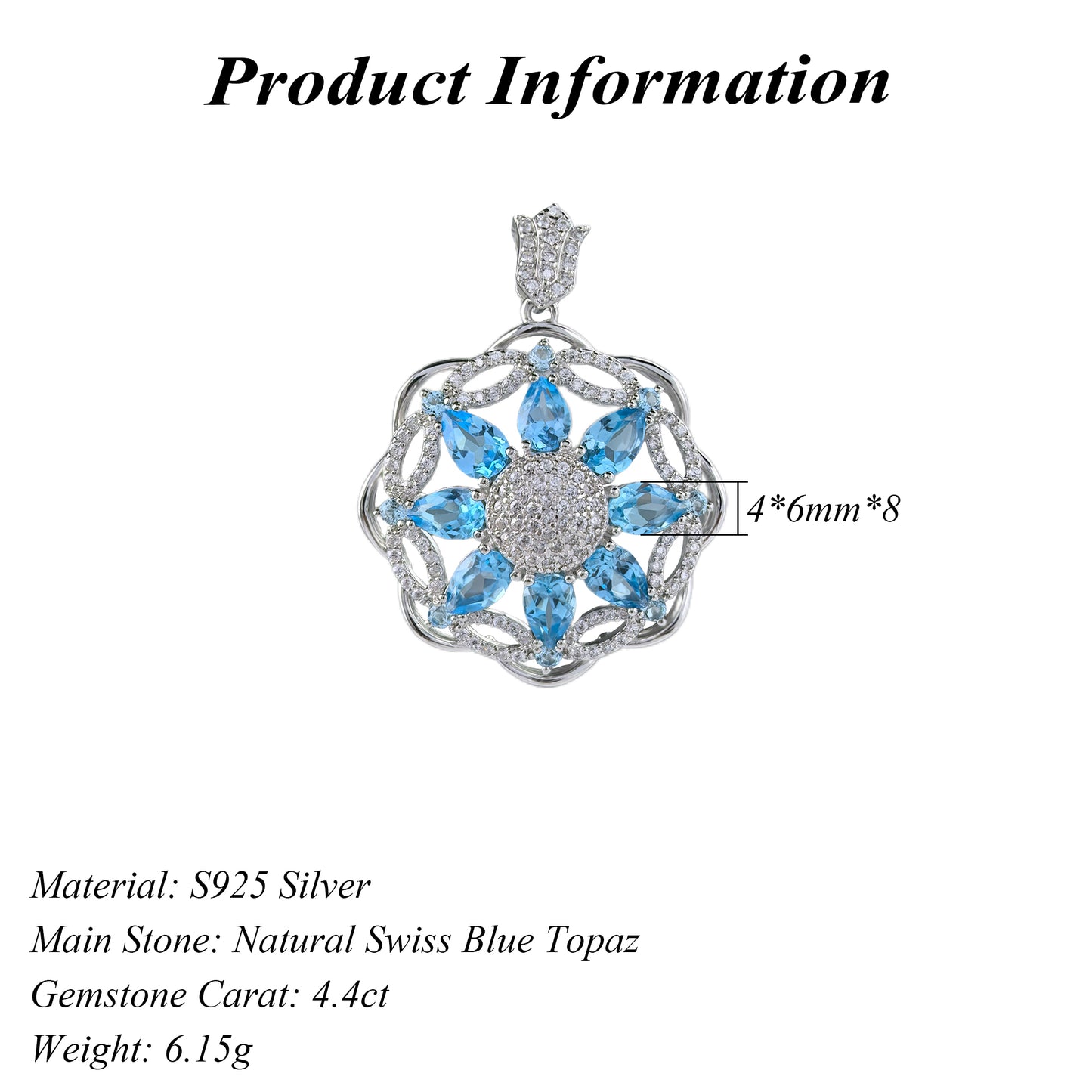 Delicate Rhodium Plated 925 Sterling Silver Natural Swiss Blue Topaz Flower Pendant