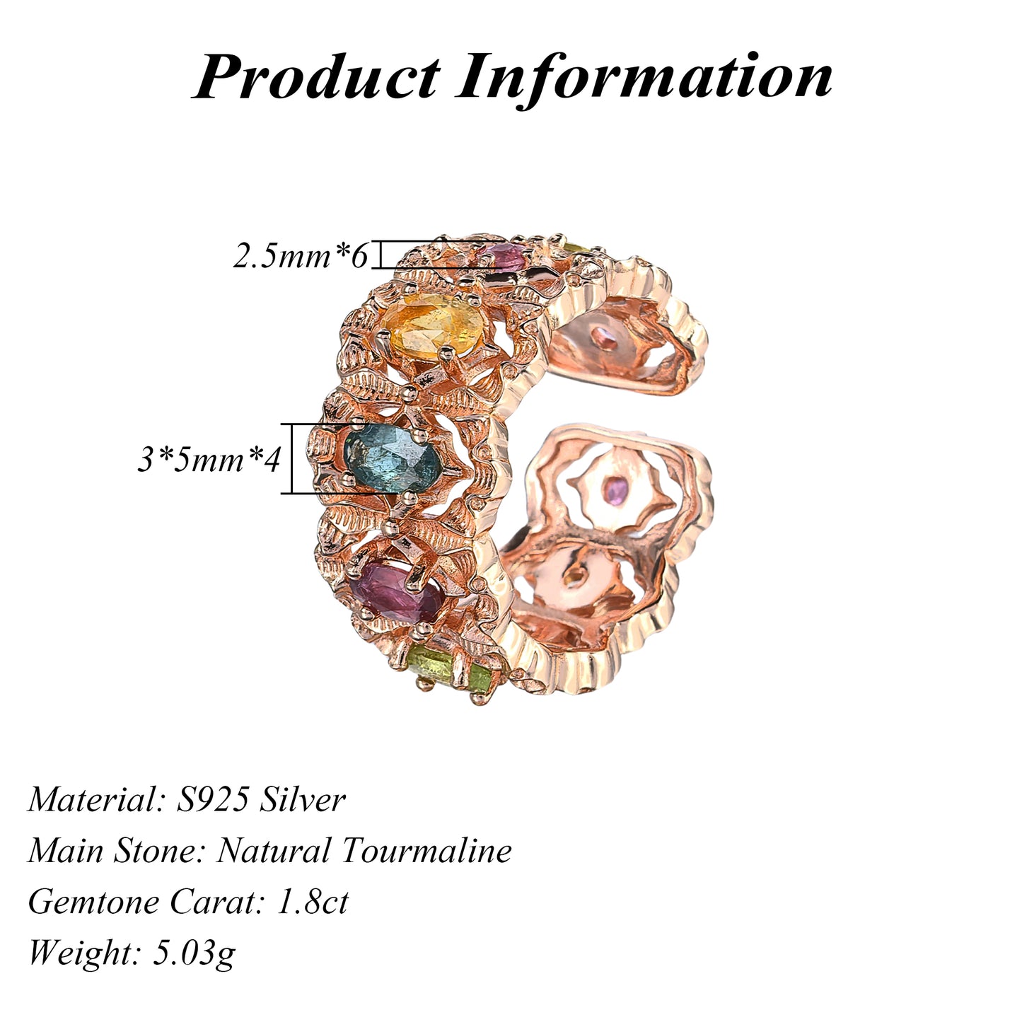 Elegant Rose Gold Plated 925 Silver Jewelry Natural Tourmaline Ring