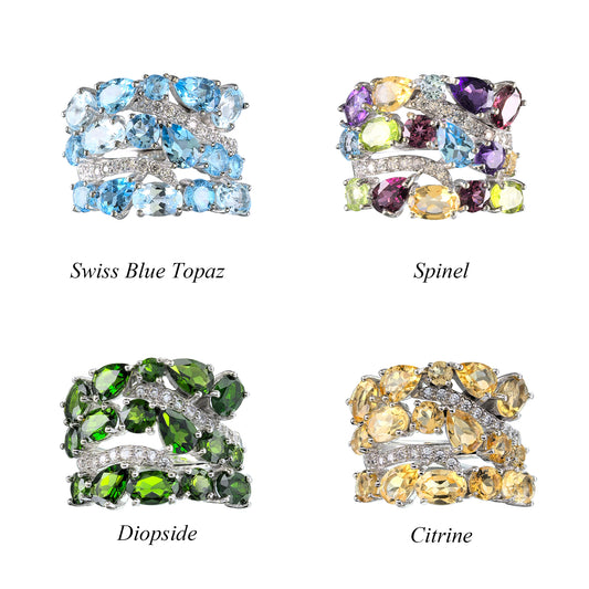 Rhodium Plated 925 Sterling Silver Natural Swiss Blue Topaz/Spinel/Diopside/Citrine Ring
