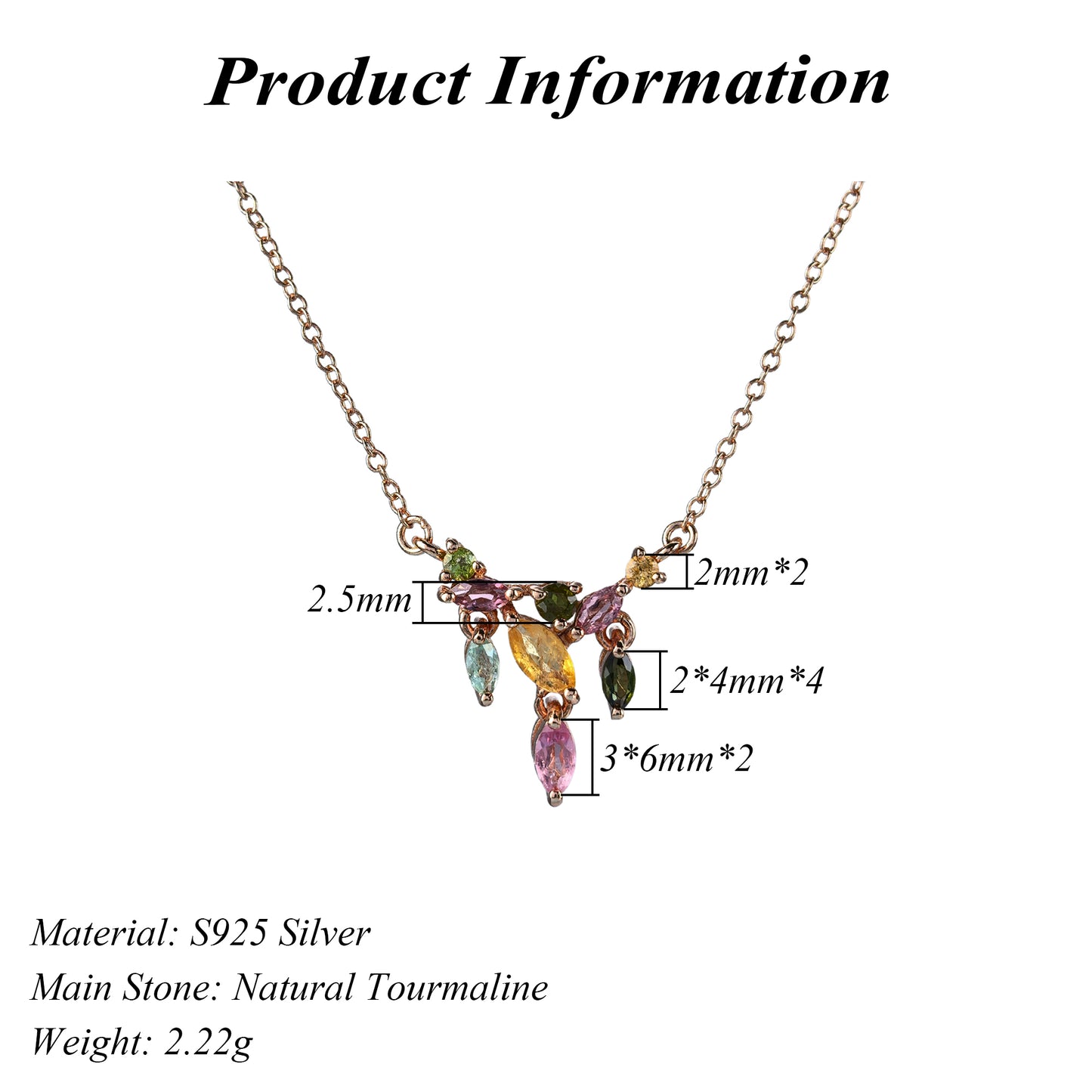 Exquisite Rose Gold Plated Silver 925 Jewelry Natural Tourmaline Necklace