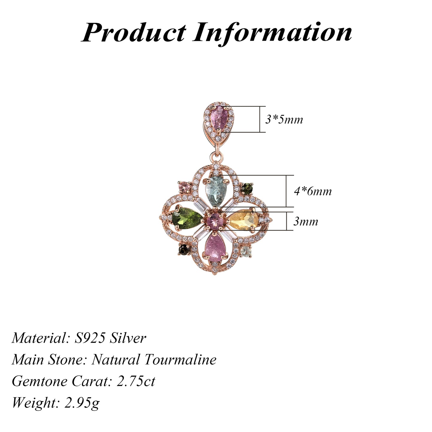 Trendy Rose Gold Plated 925 Sterling Silver Natural Tourmaline Pendant