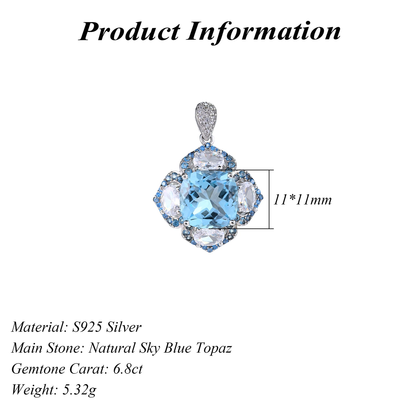 Graceful Rhodium Plated 925 Sterling Silver Natural Sky Blue Topaz Pendant