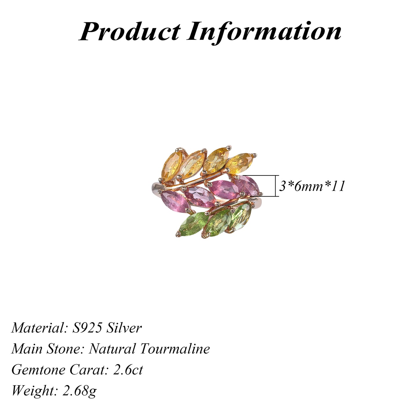 Elegant Rose Gold Plated Silver 925 Jewelry Natural Tourmaline Leaf Ring