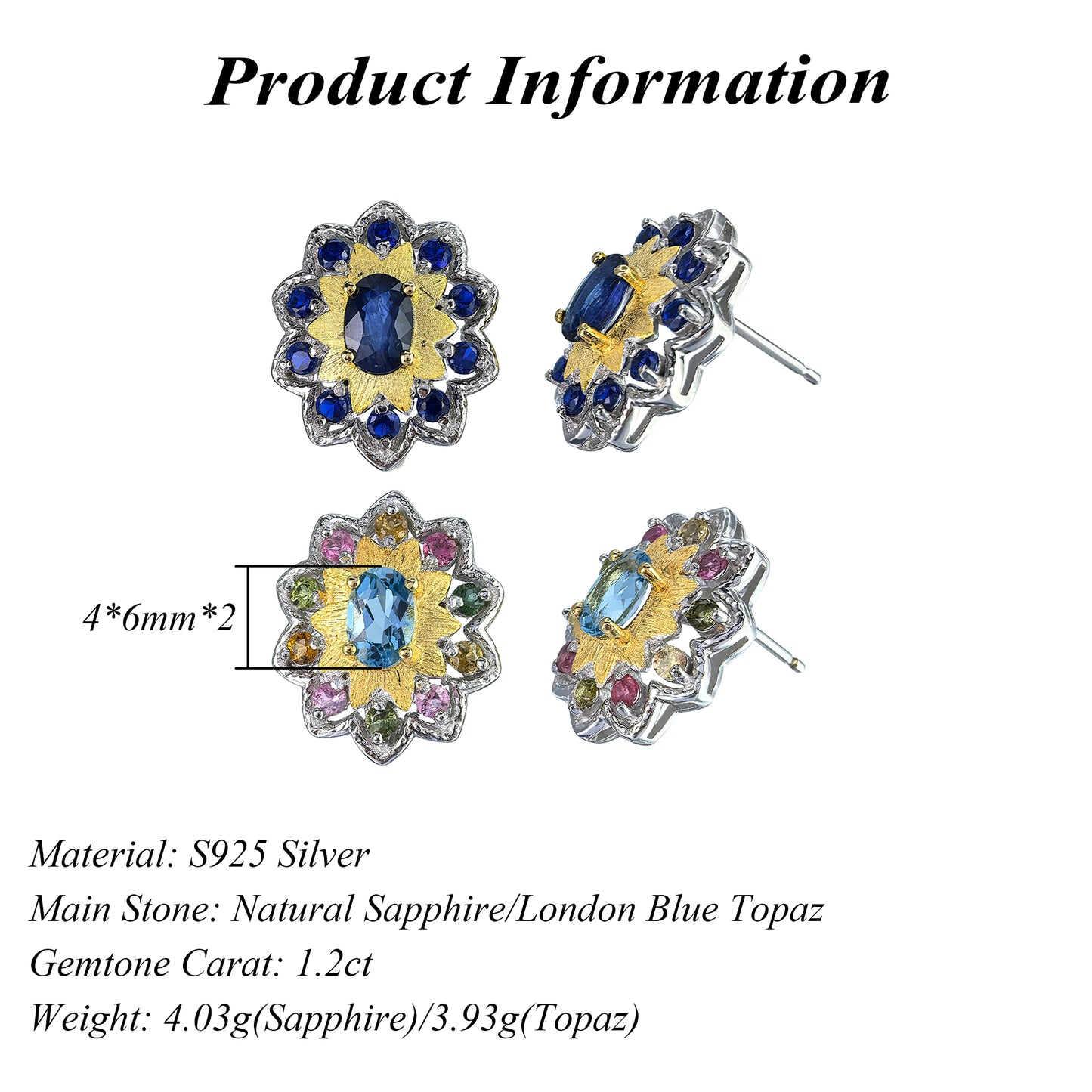 Delicate Rhodium Plated 925 Silver Jewelry Natural London Blue Topaz/Sapphire Flower Stud Earrings