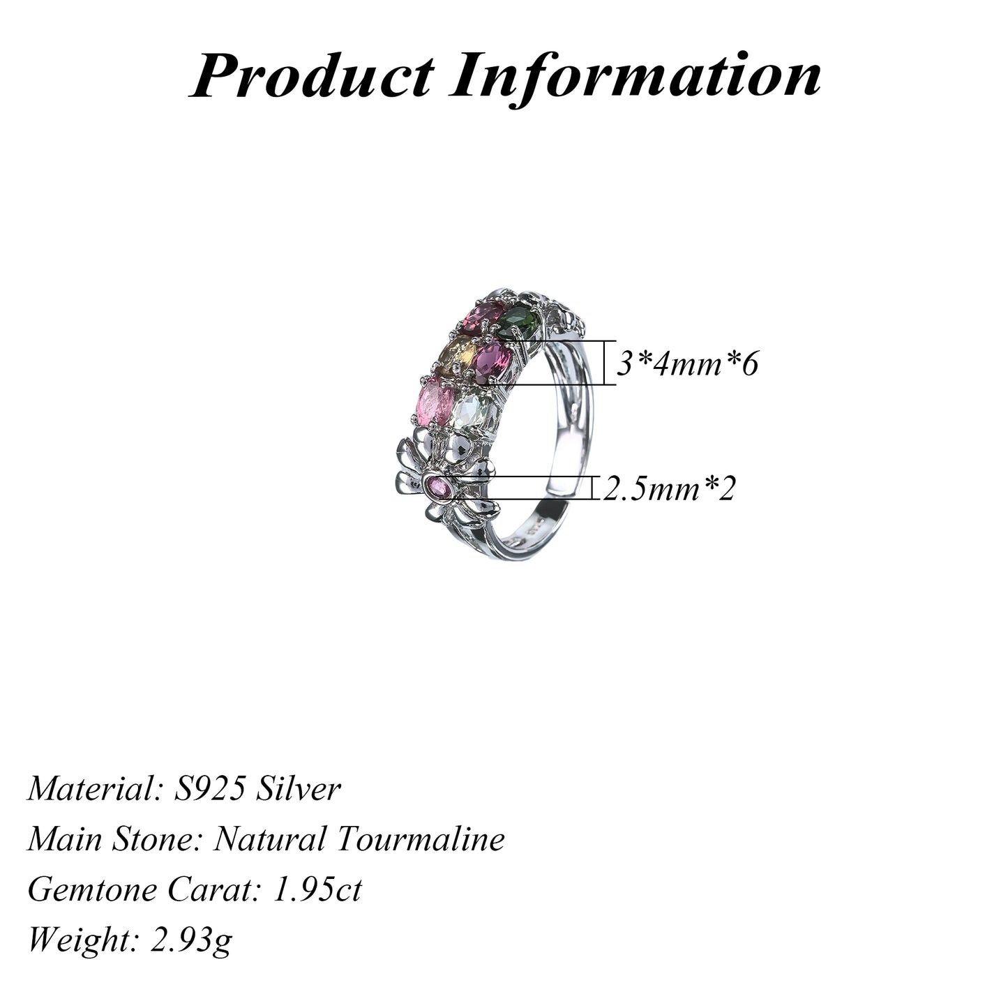 Graceful Women's Rhodium Plated Silver 925 Natural Tourmaline Flower Ring