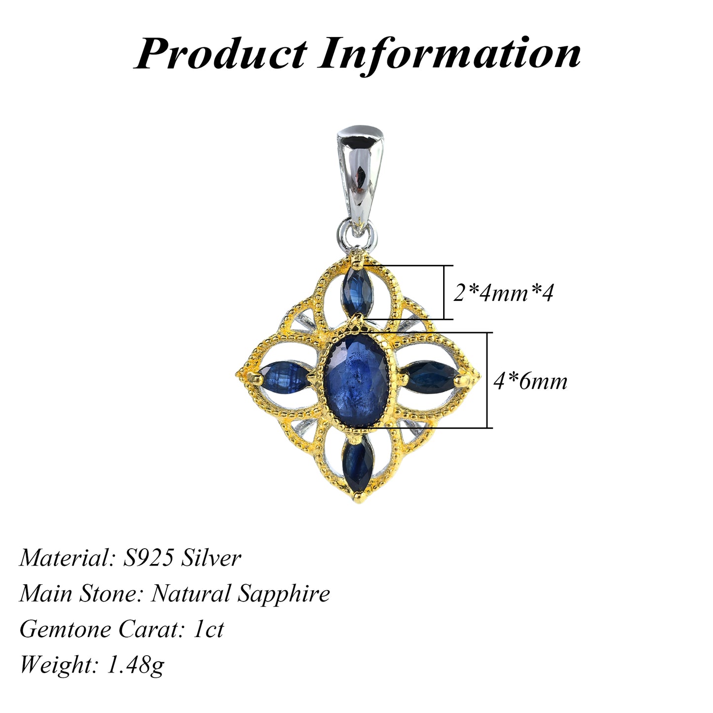 Charming Dual Color Plated 925 Silver Jewelry Natural Sapphire Four Leaf Clover Pendant