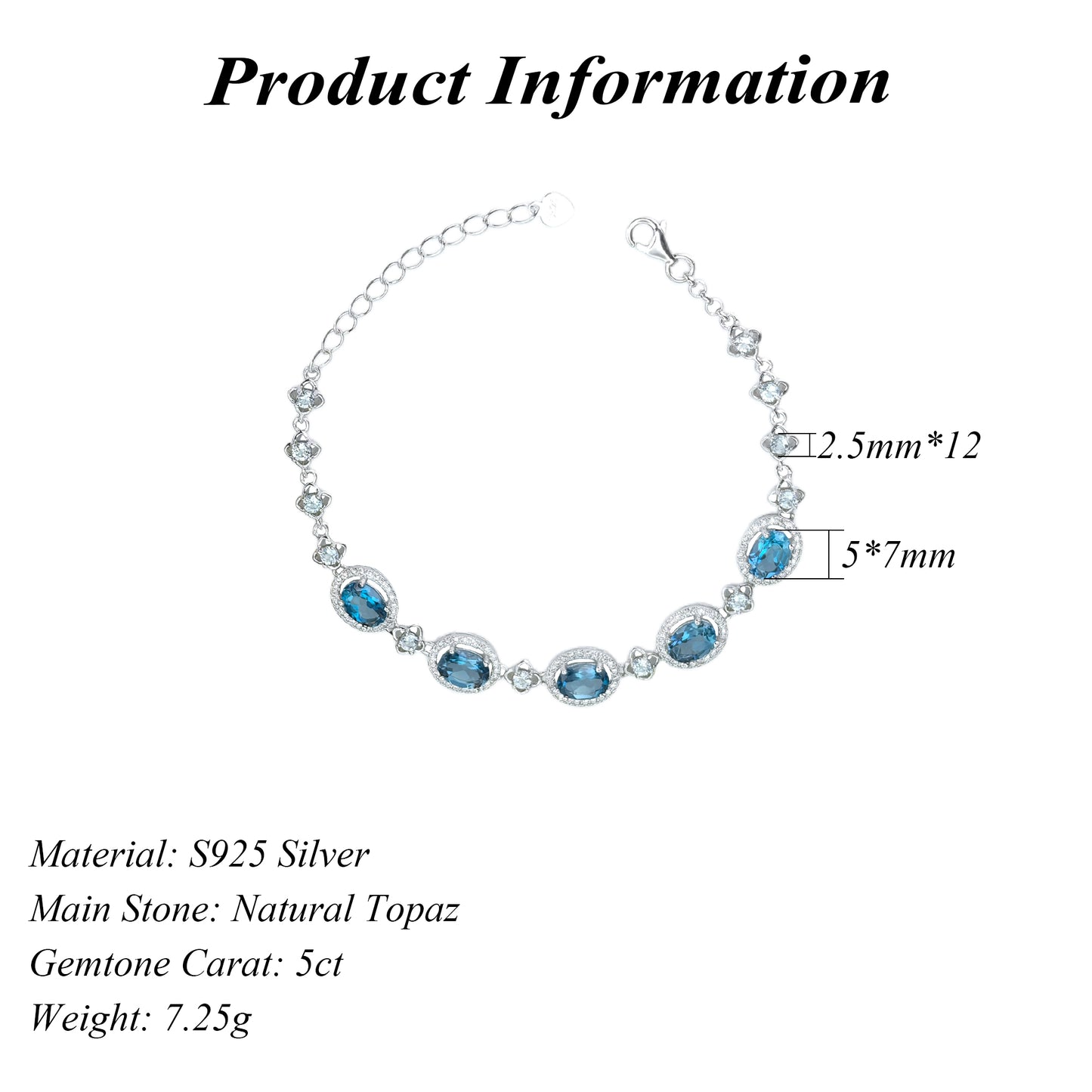 Graceful Rhodium Plated Silver 925 Bracelet Natural London Blue Topaz