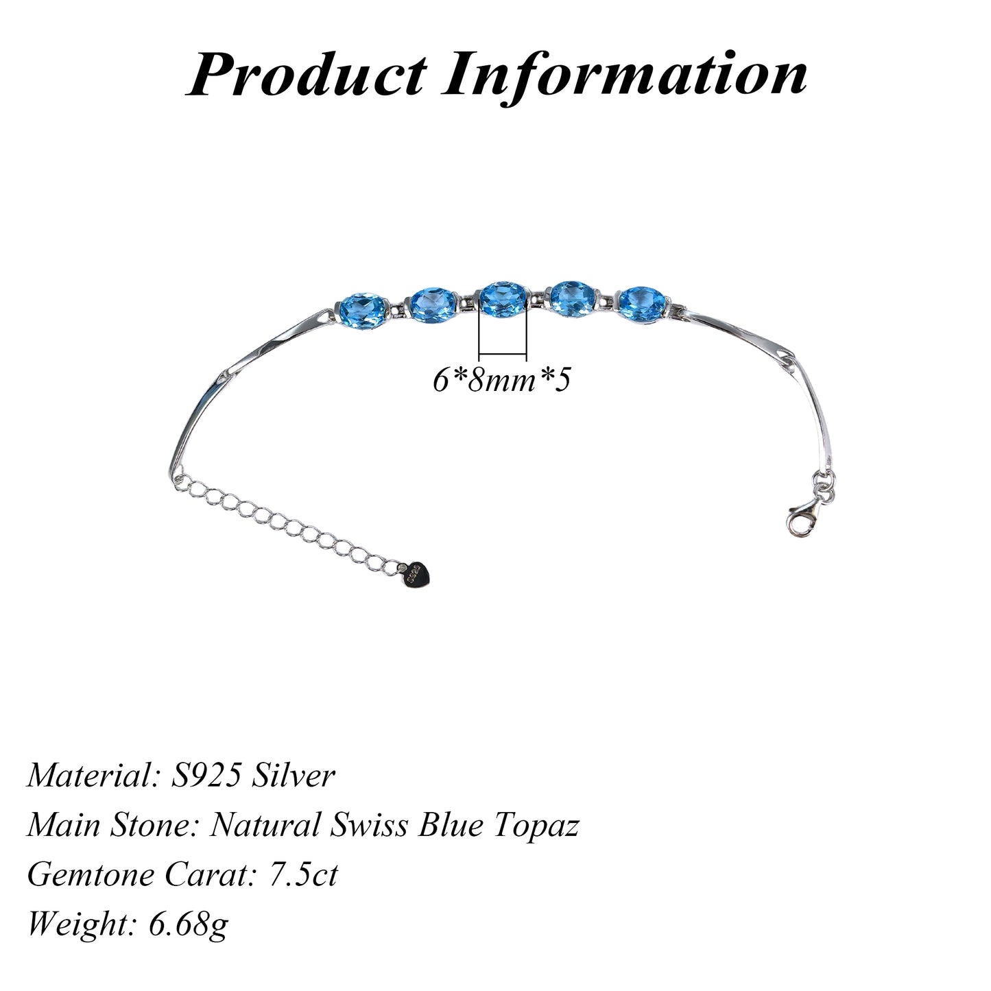Elegant Rhodium Plated Silver 925 Jewelry Natural Swiss Blue Topaz Bracelet