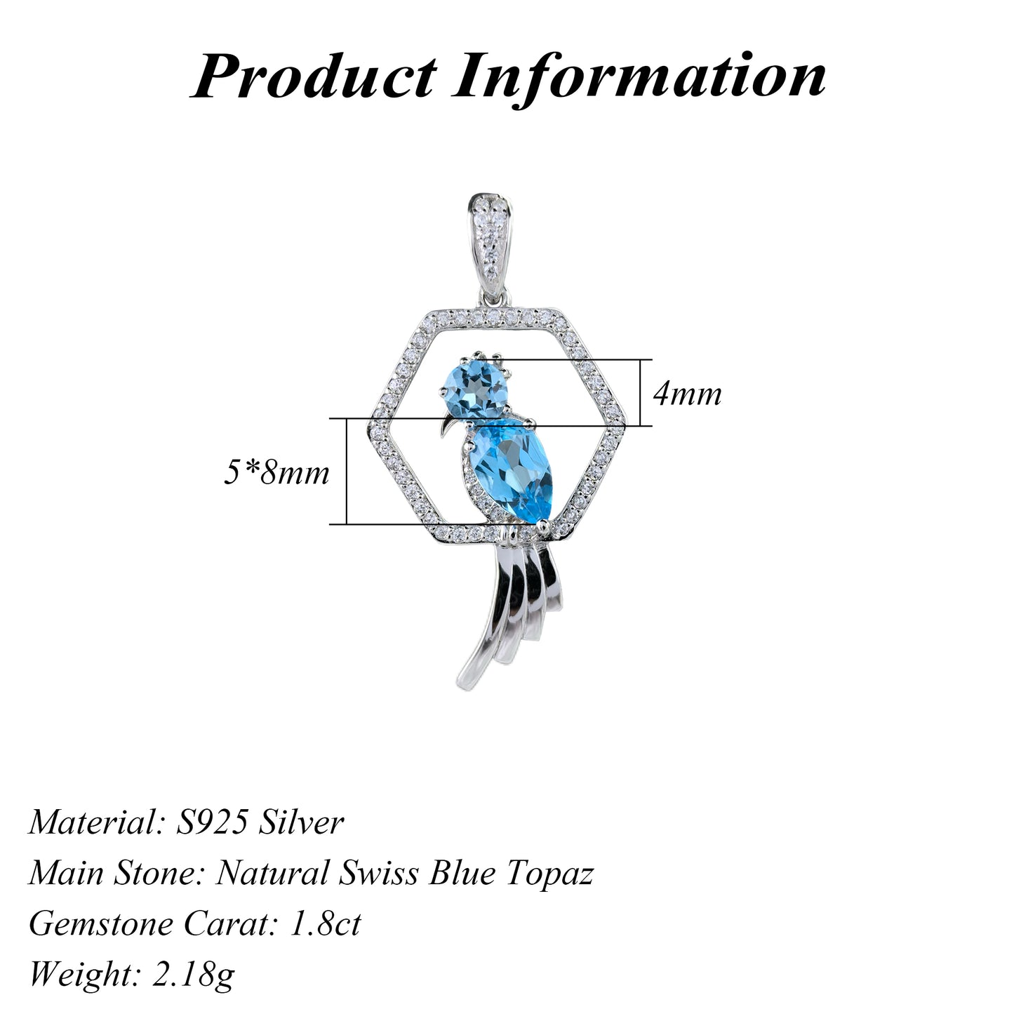 Unique Rhodium Plated 925 Sterling Silver for Swiss Blue Topaz Bird Pendant