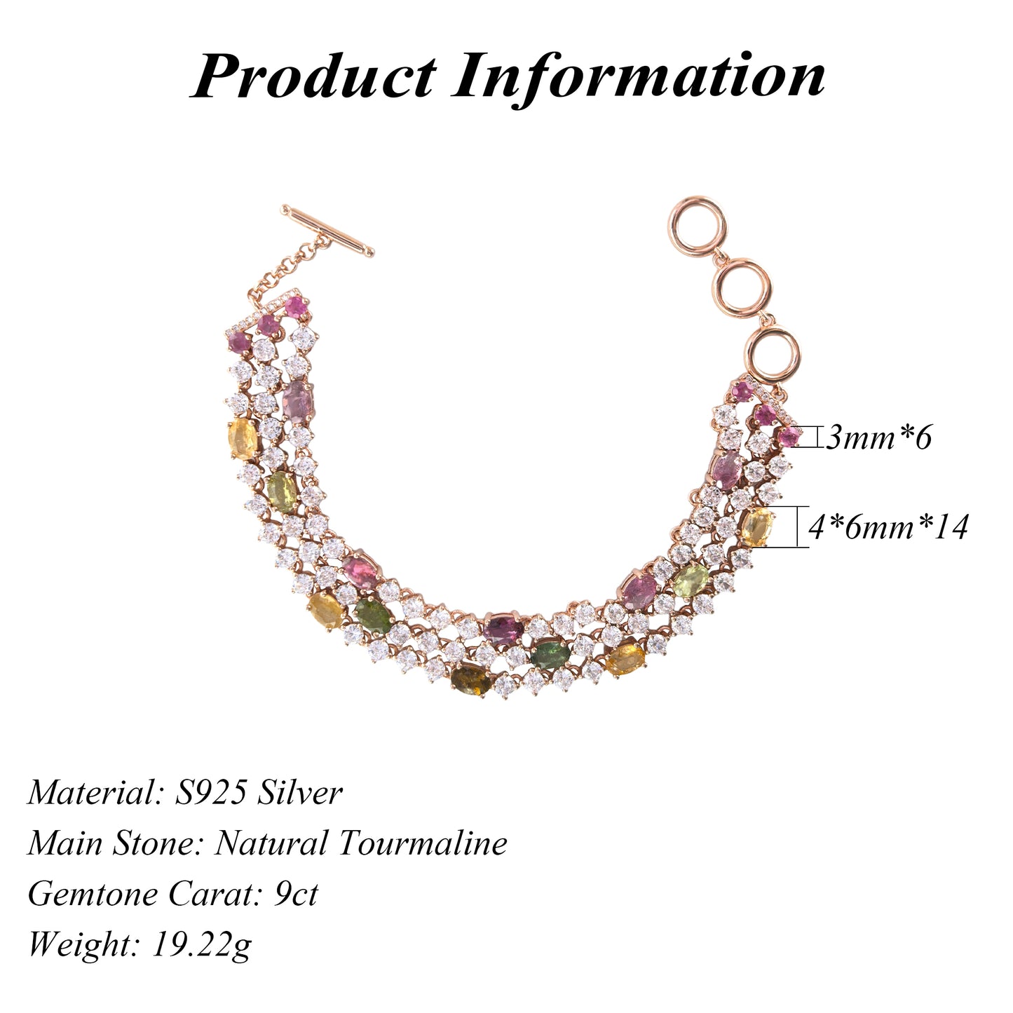 Noble Rose Gold Plated 925 Silver Jewelry Natural Tourmaline Bracelet