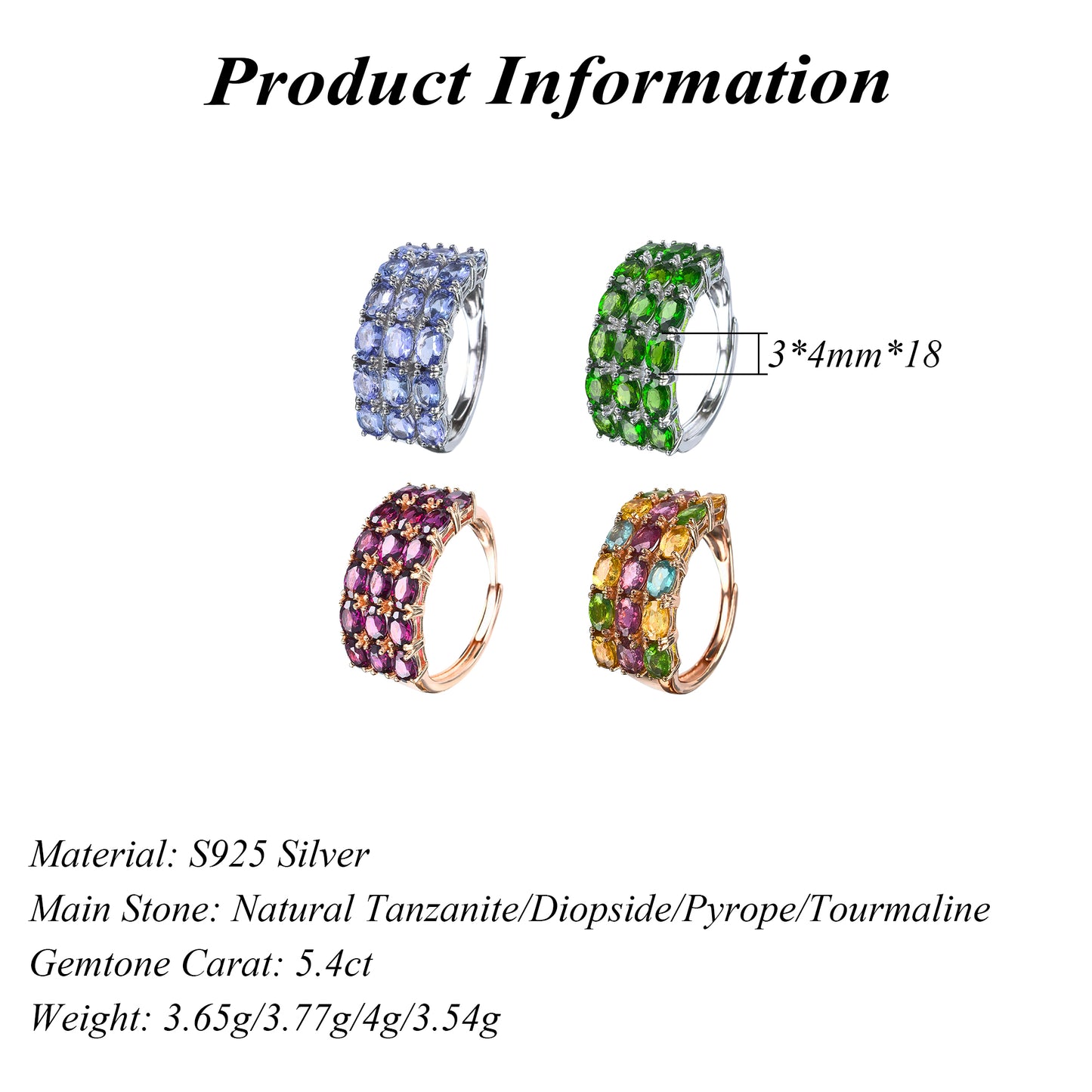 Sparkling Rhodium/Rose Gold Plated Silver 925 Jewelry Natural Tanzanite/Diopside/Pyrope/Tourmaline Ring