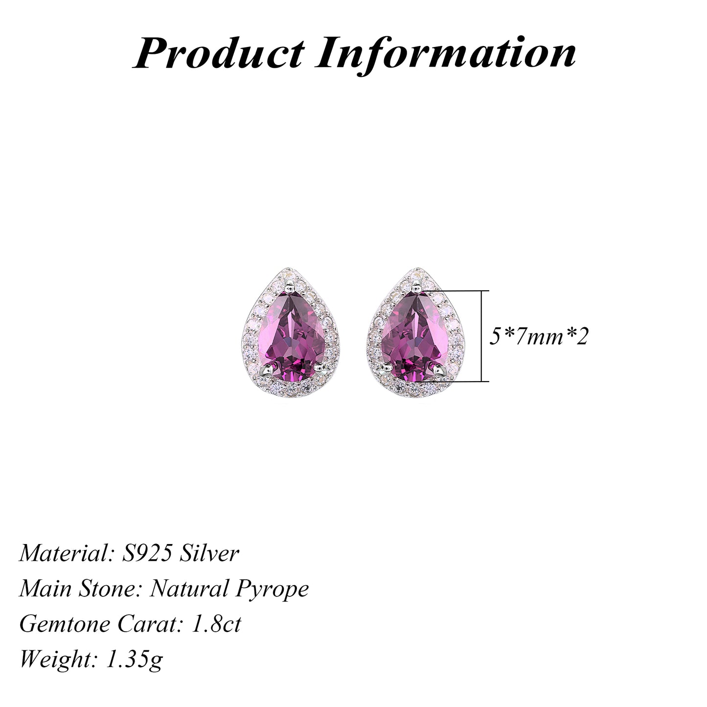 Sparkling Rhodium Plated 925 Silver Jewelry Natural Pyrope Stud Earrings