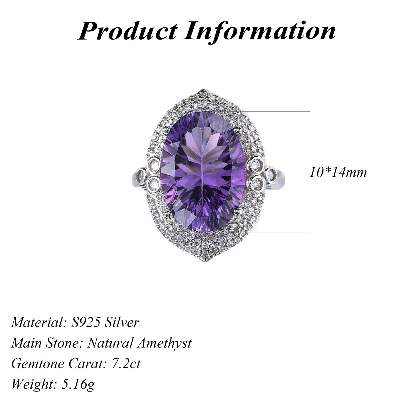 Gorgeous Vintage Style Silver 925 Rhodium-Plated Oval Cut Natural Amethyst Ring
