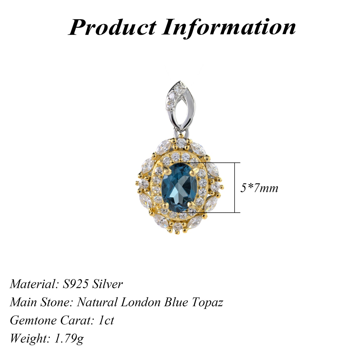Dual Color Plated Silver 925 Jewelry Natural London Blue Topaz Pendant
