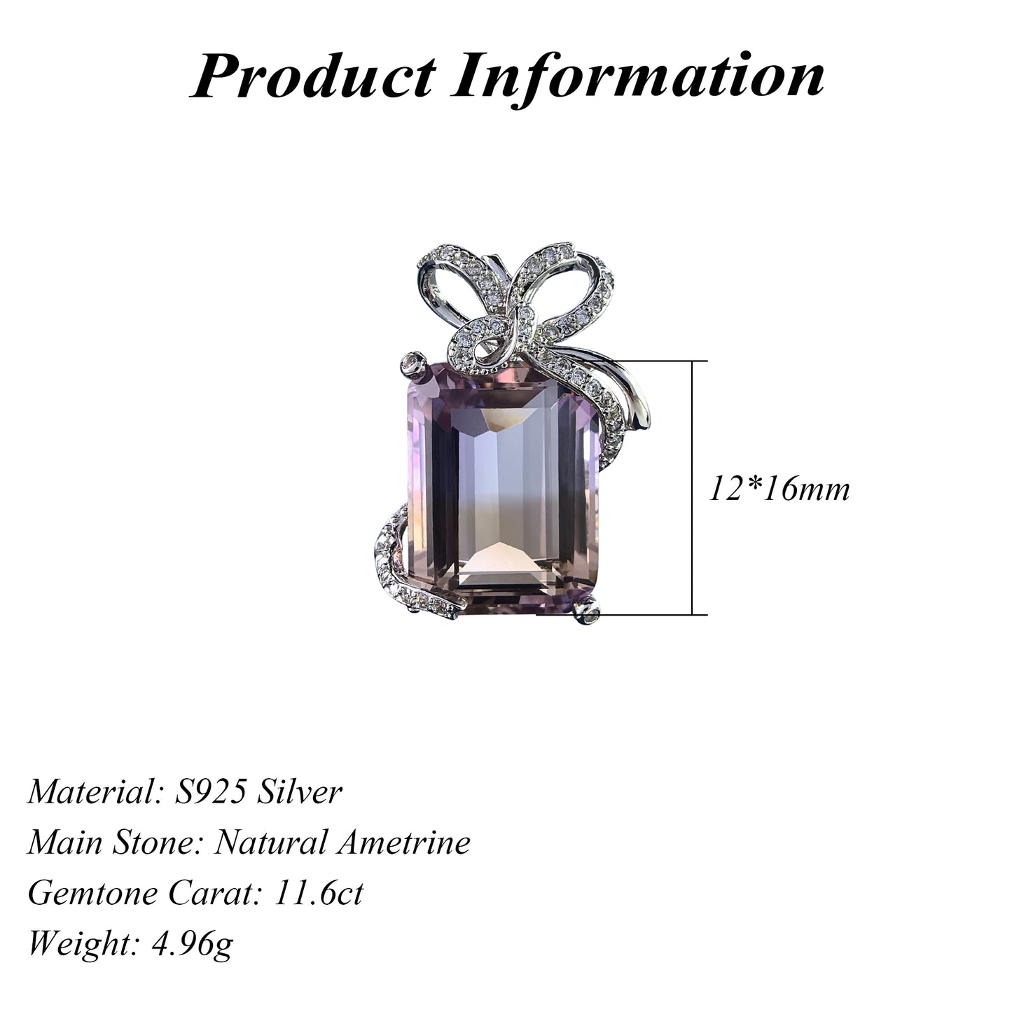 Delicate Rhodium Plated 925 Silver Jewelry Natural Ametrine Bow Pendant