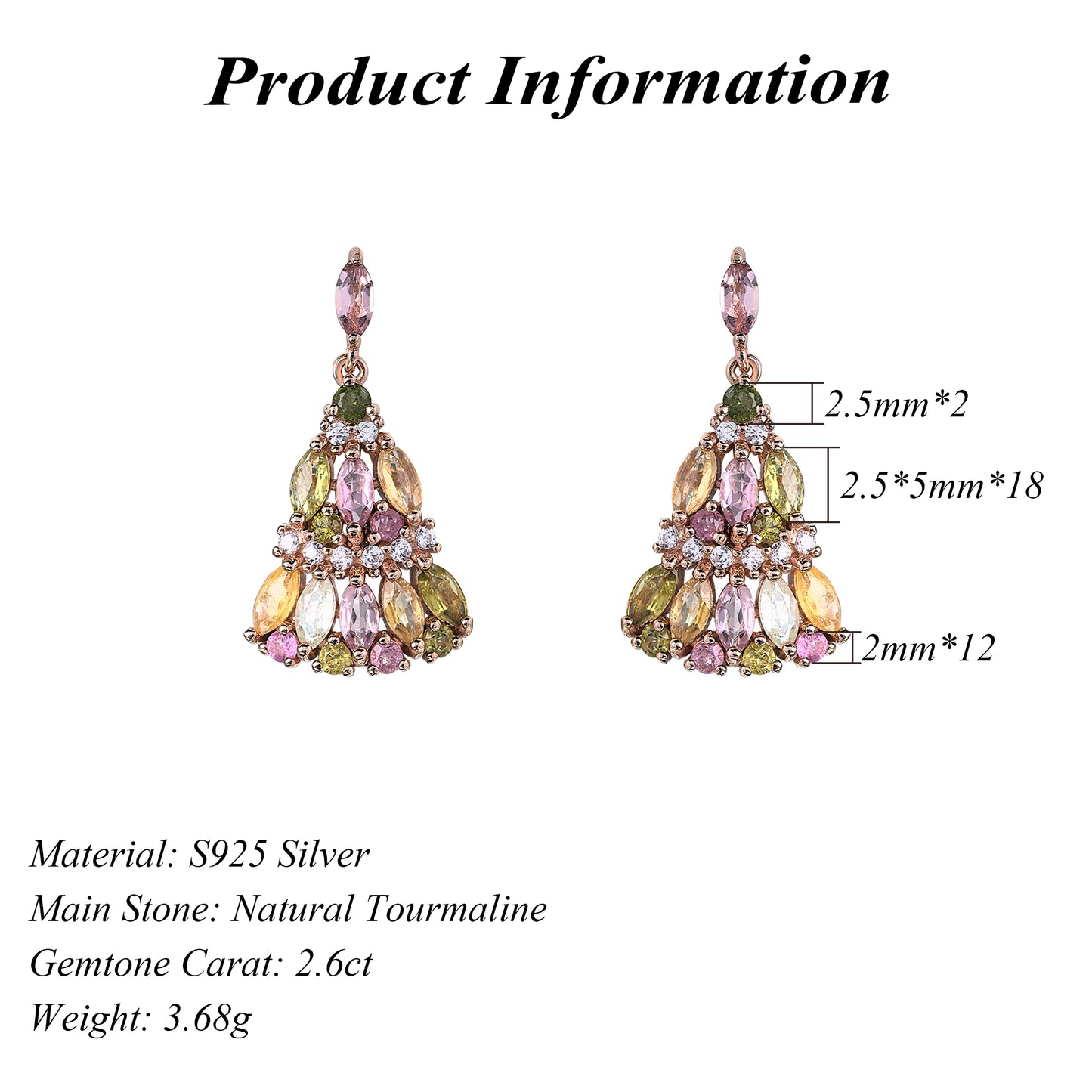 Trendy Skirt Shaped Rose Gold Plated 925 Sterling Silver Natural Tourmaline Drop Earrings