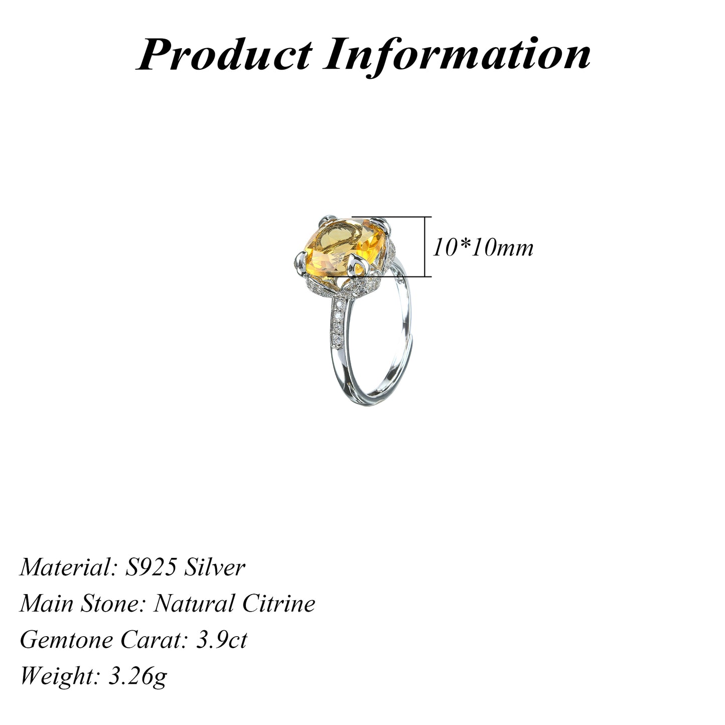 Charming Rhodium Plated Silver 925 Jewelry Natural Citrine Ring