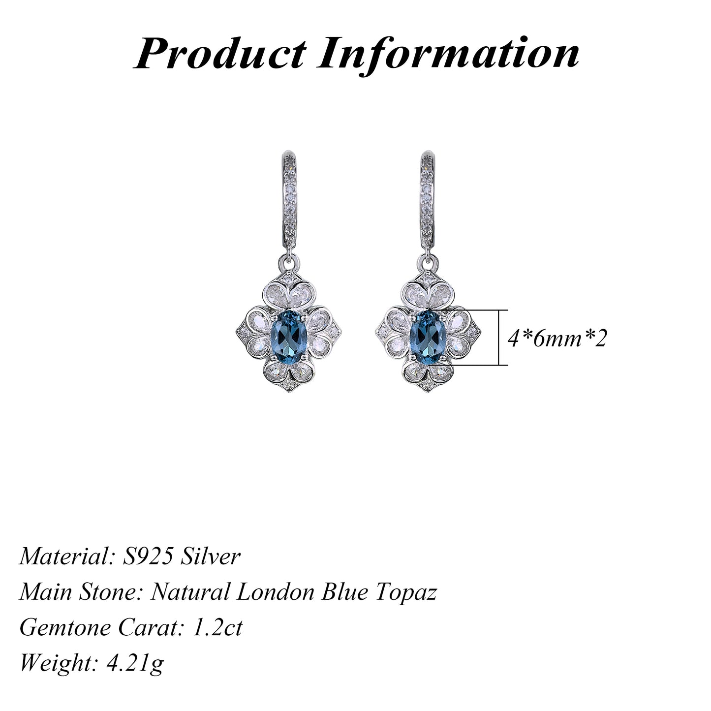 Exquisite Rhodium Plated Silver 925 Jewelry Natural London Blue Topaz Drop Earrings