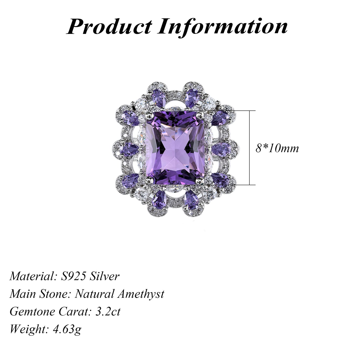Vintage Style Dazzling Rhodium Plated 925 Silver Natural Amethyst Flower Ring