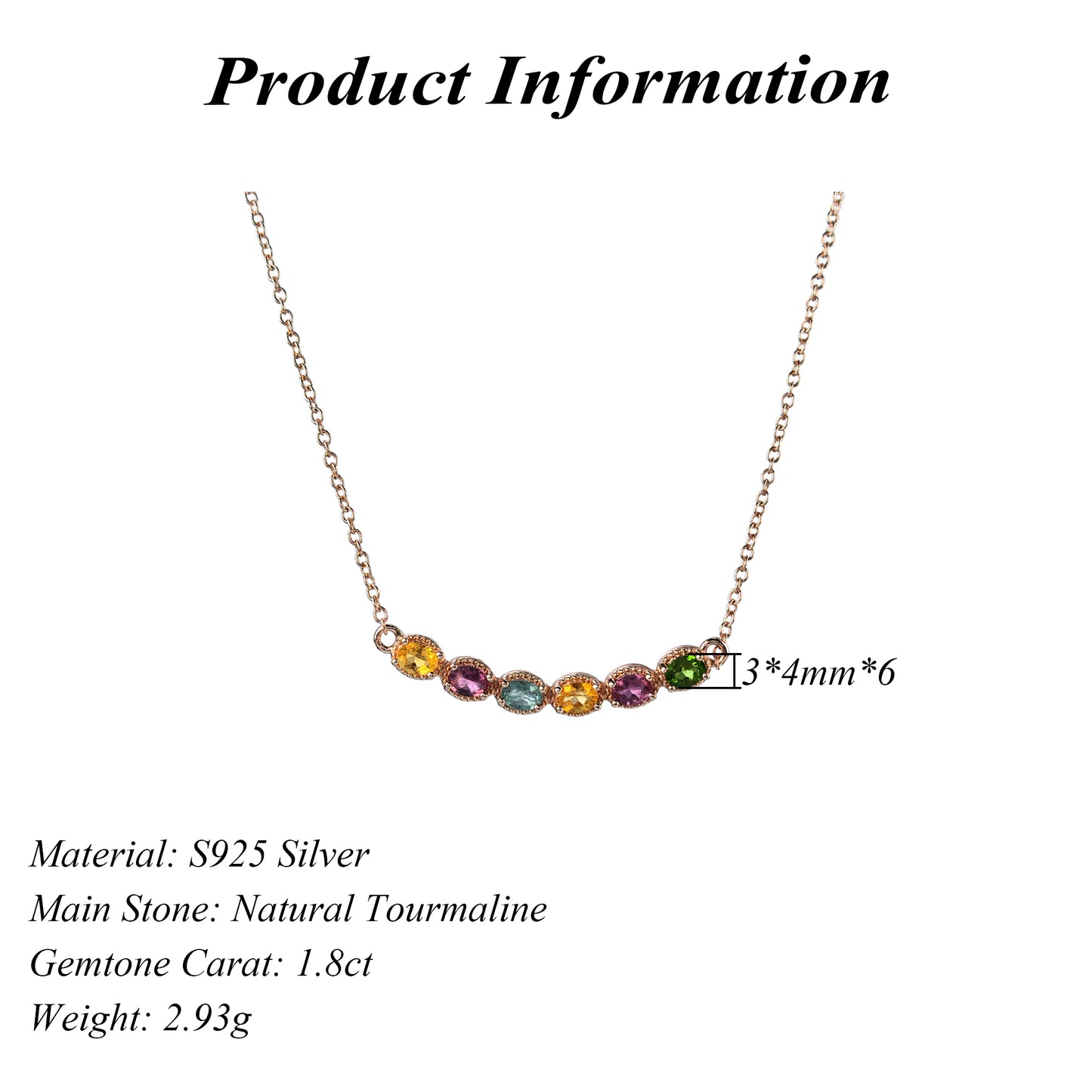 Exquisite Rose Gold Plated Silver 925 Jewelry Natural Tourmaline Necklace