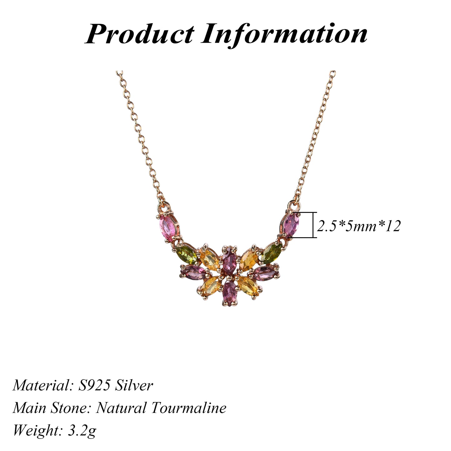 Delicate Rose Gold Plated Silver 925 Jewelry Natural Tourmaline Flower Necklace