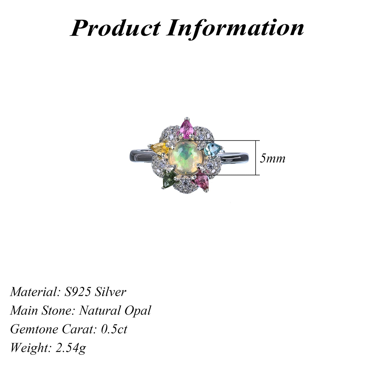 925 Silver Jewelry Ring Delicate Rhodium Plated Trendy Natural Opal Flower Gemstone