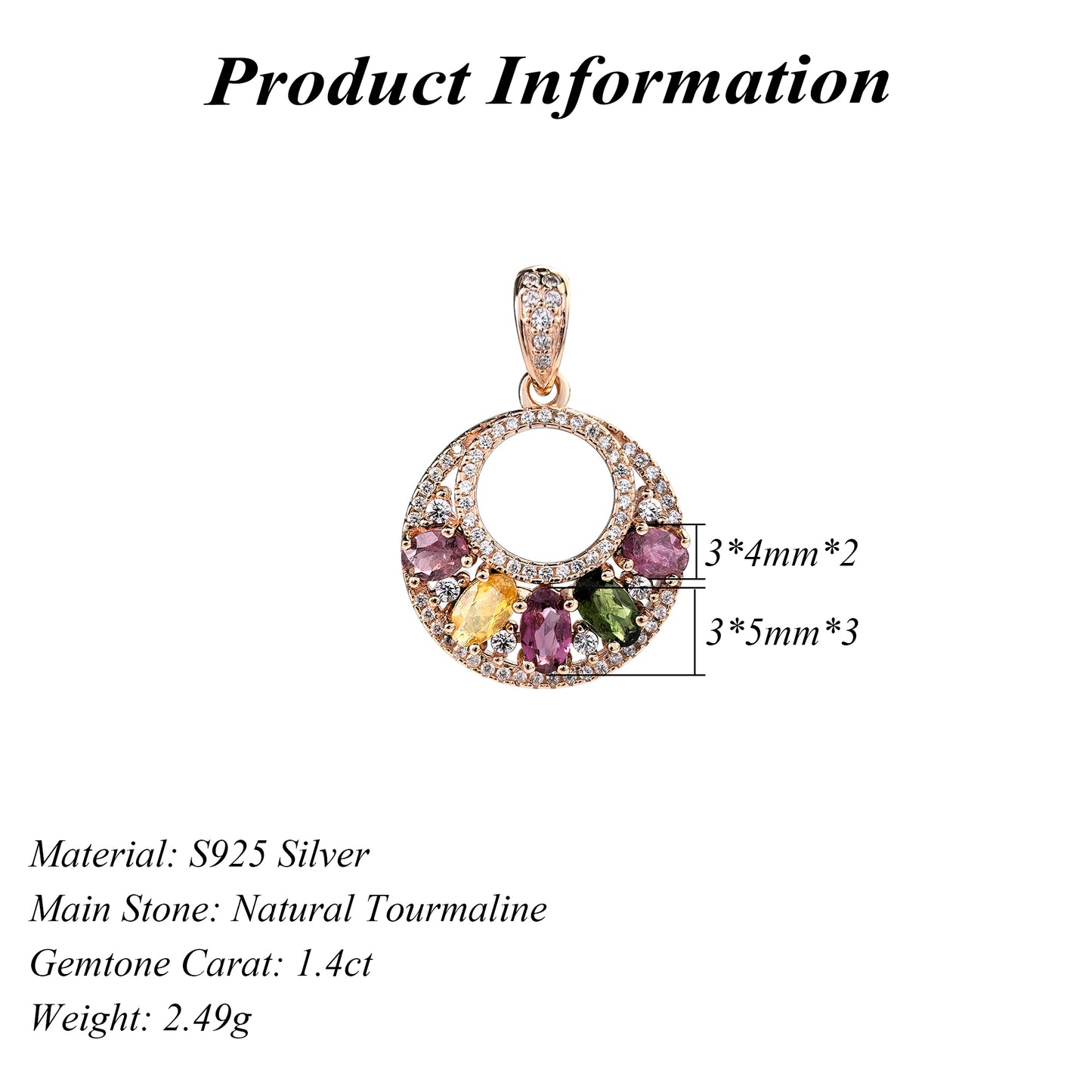 Dreamy Rose Gold Plated 925 Sterling Silver Natural Tourmaline Moon Pendant