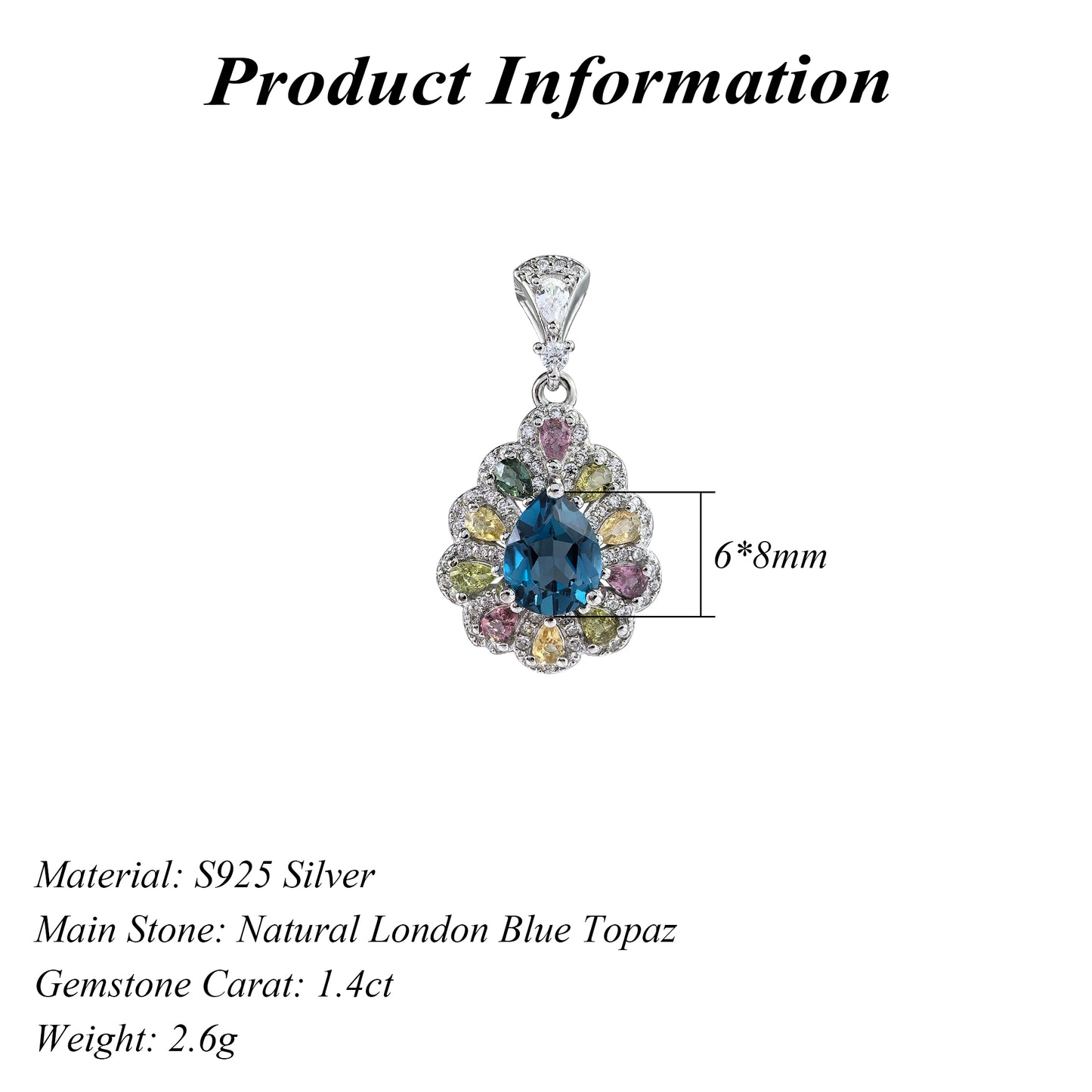 Delicate Rhodium Plated 925 Sterling Silver Natural London Blue Topaz Pendant