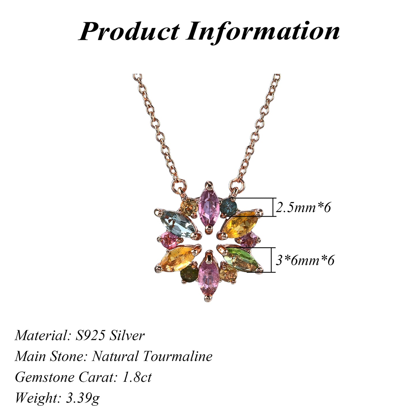 Charming Rose Gold Plated Silver 925 Jewelry Natural Tourmaline Flower Necklace