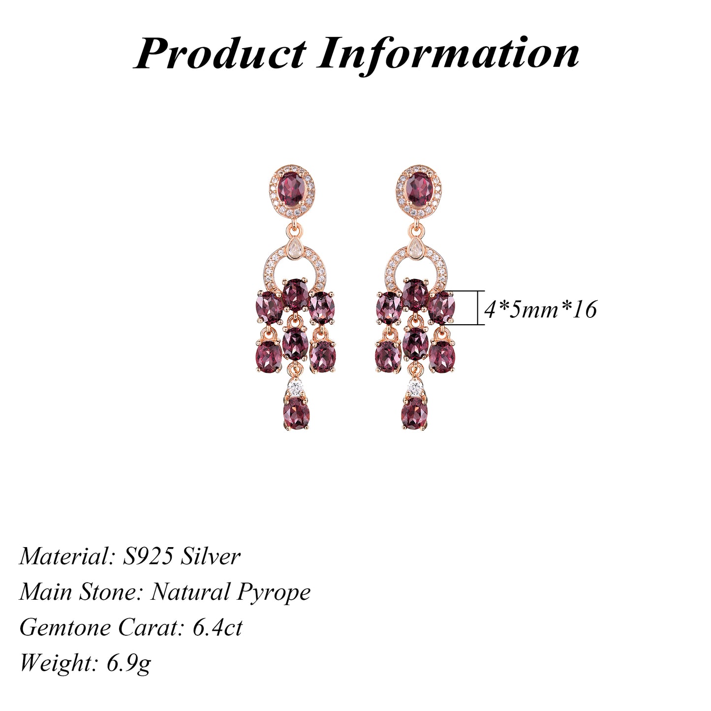925 Silver 925 Pyrope Drop Earrings for Women Charming Rose Gold Plated Geometric Pattern for Wedding Party Anniversary Gift