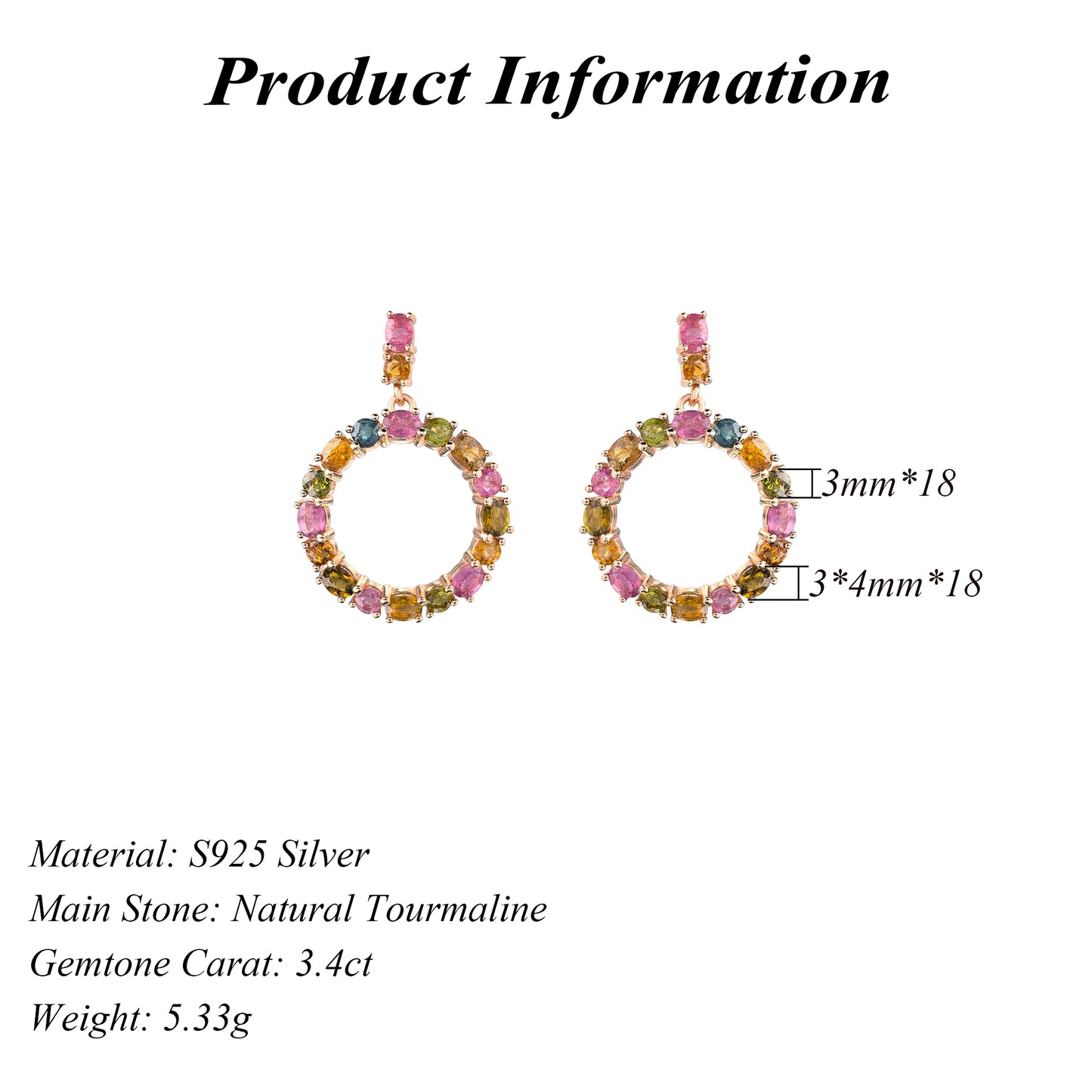 Special Rose Gold Plated S925 Silver Natural Tourmaline Circle Drop Statement Earrings