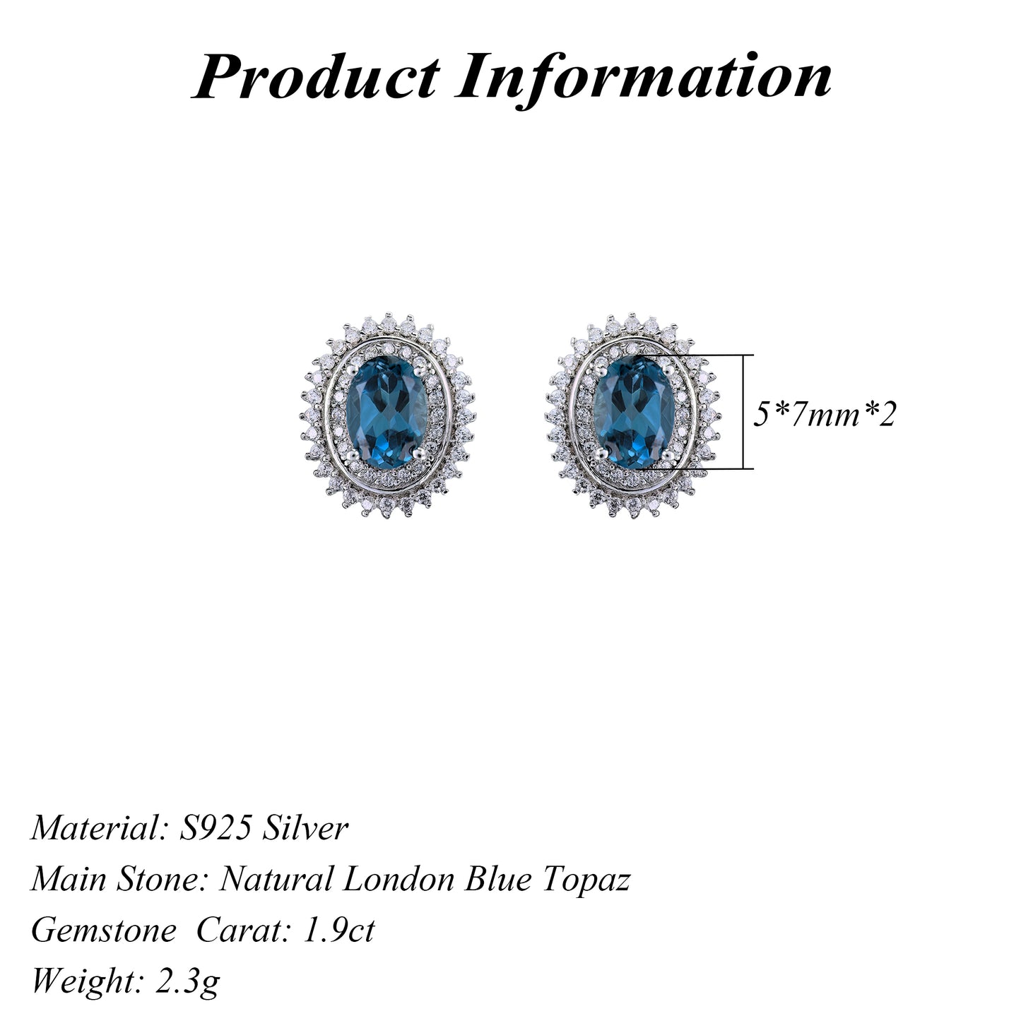 Sparkling Rhodium-Plated 925 Sterling Silver London Blue Topaz Stud Earrings