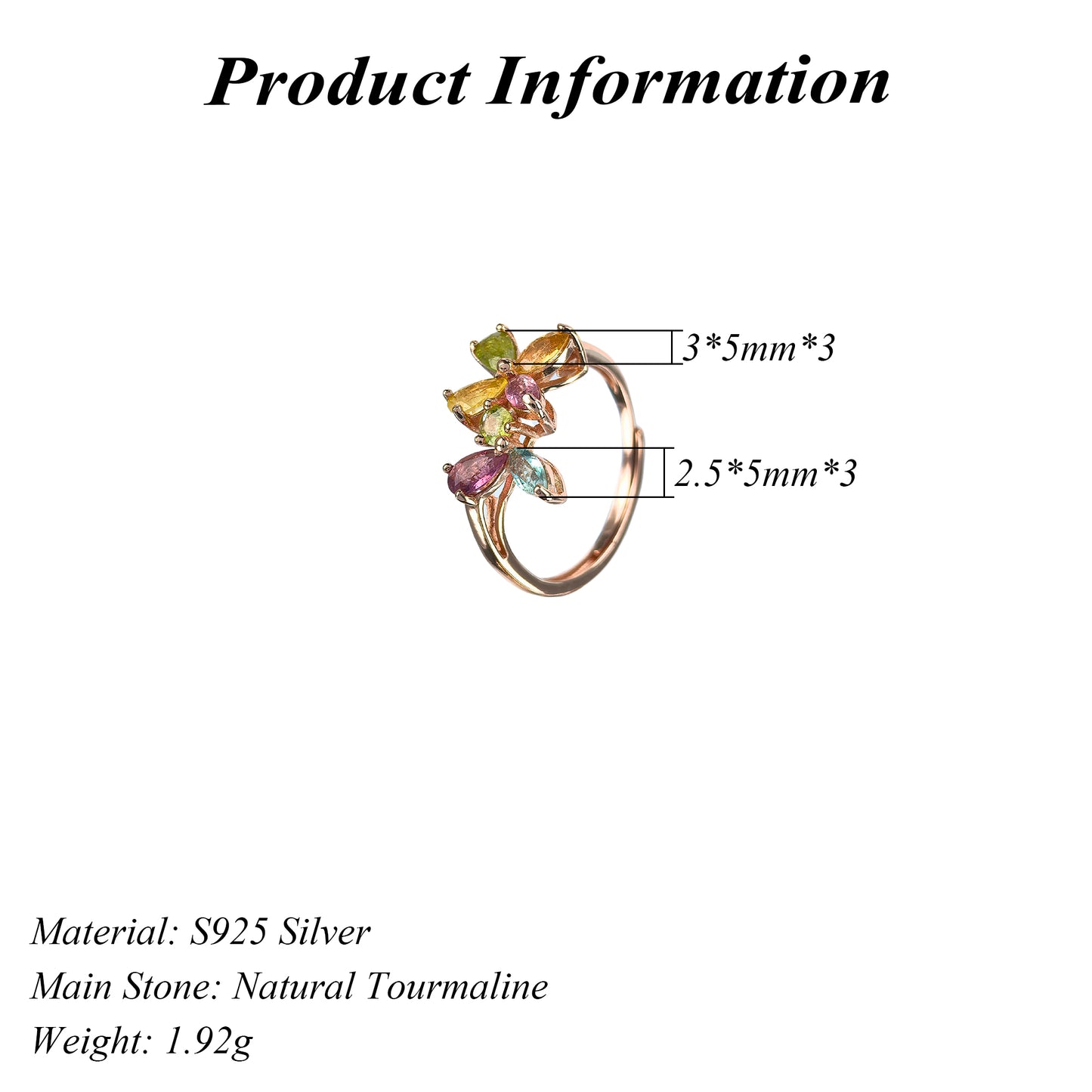 Exquisite Rose Gold Plated Silver 925 Jewelry Natural Tourmaline Ring