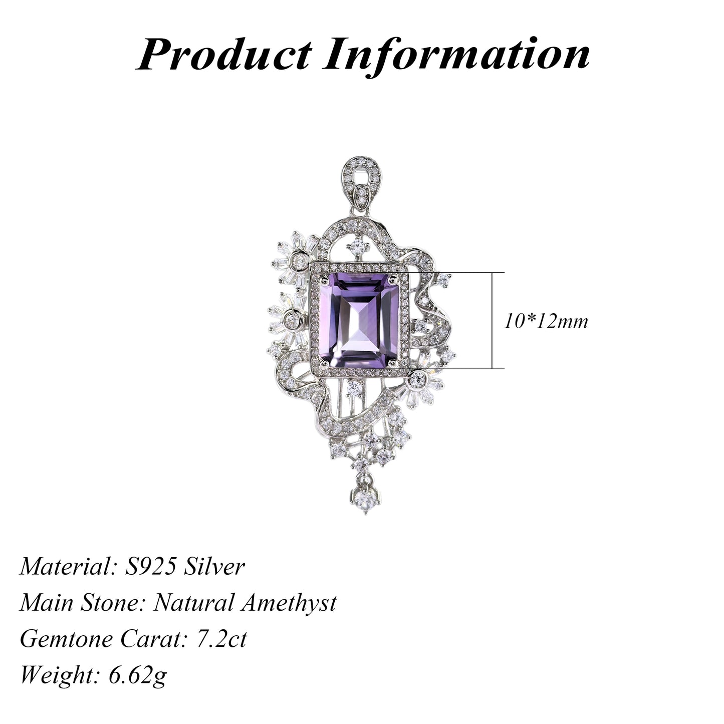 925 Sterling Silver Emerald Cut Natural Amethyst Pendant Delicate Rhodium Plated