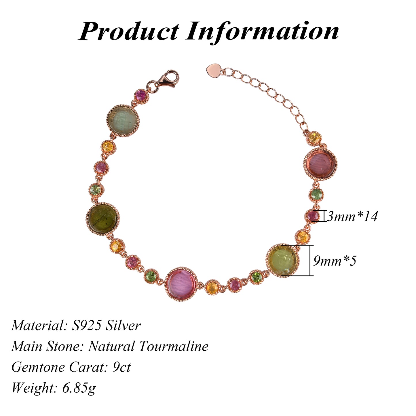 Luxurious Rose Gold Plated 925 Sterling Silver Natural Tourmaline Bracelet