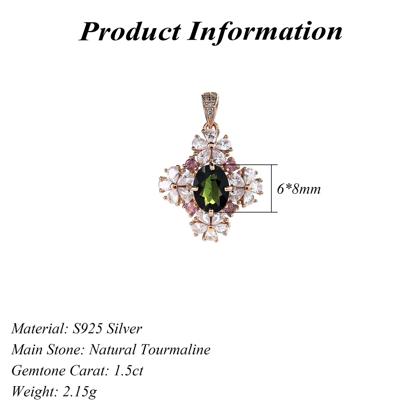 Delicate Rose Gold Plated 925 Silver Fine Pendant & Charm Natural Tourmaline