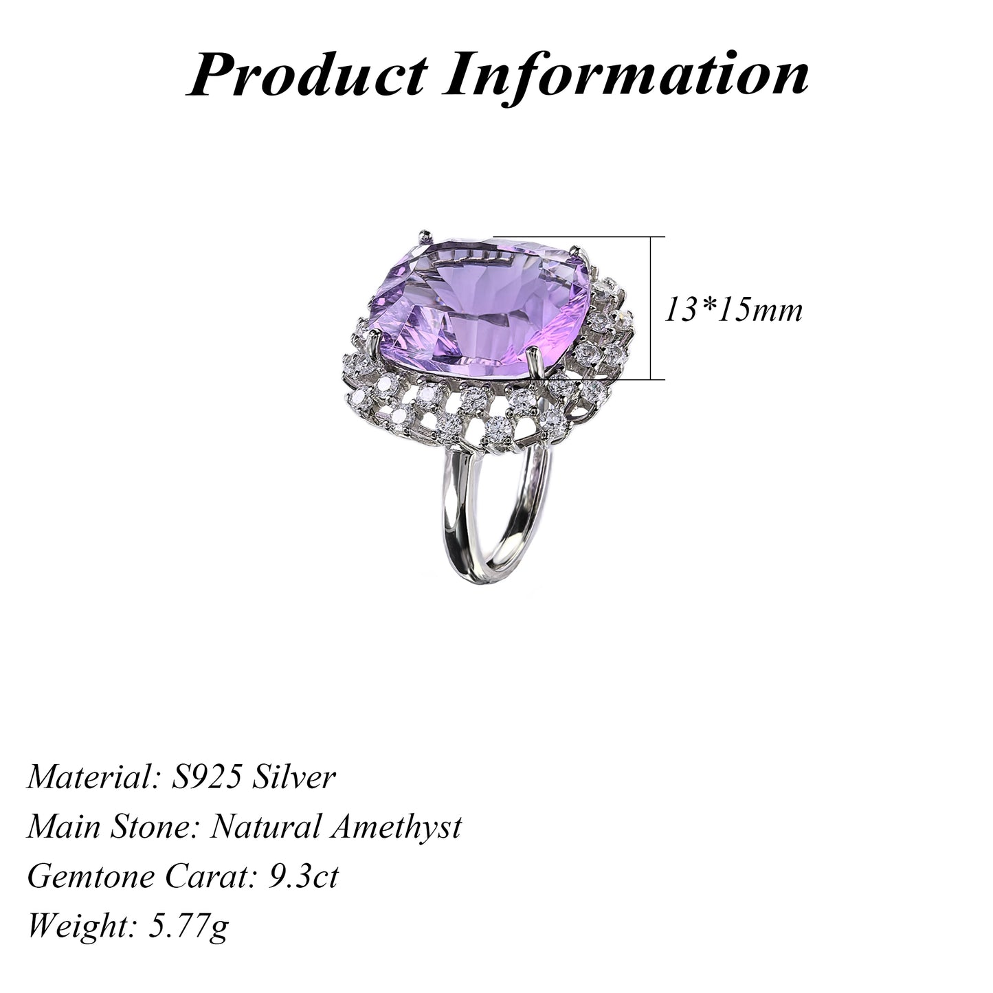 Unique Rhodium Plated Sterling Silver 925 Jewellery Natural Amethyst Ring
