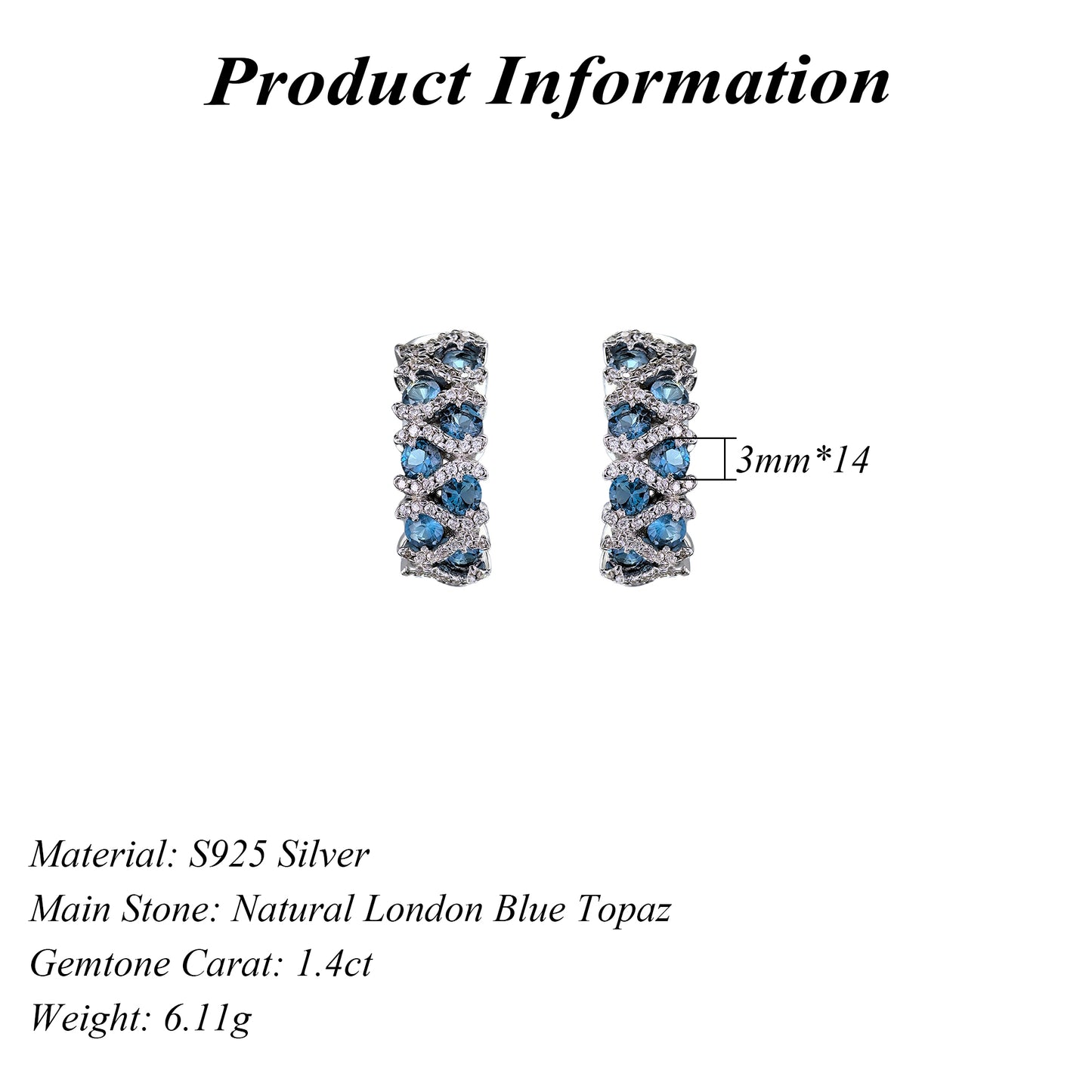 Elegant Rhodium Plated Silver 925 Jewelry Natural London Blue Topaz Hoop Earrings