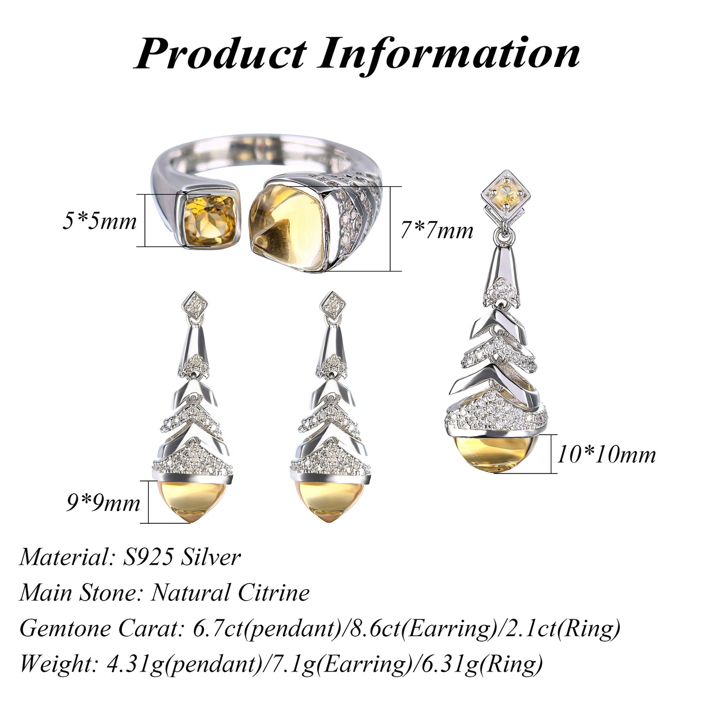 Trendy Rhodium Plated 925 Silver Citrine Quartz Jewelry Sets