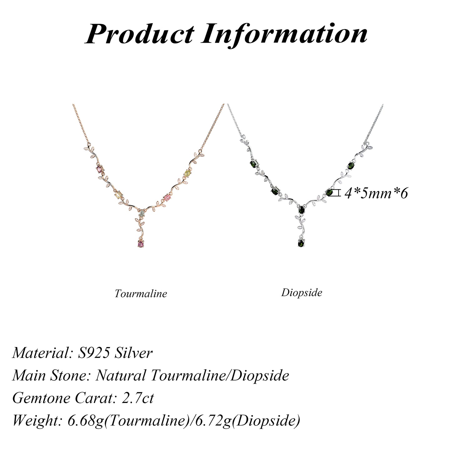 Rhodium/Rose Gold Plated Silver 925 Jewelry Natural Diopside/Tourmaline Flower Necklace