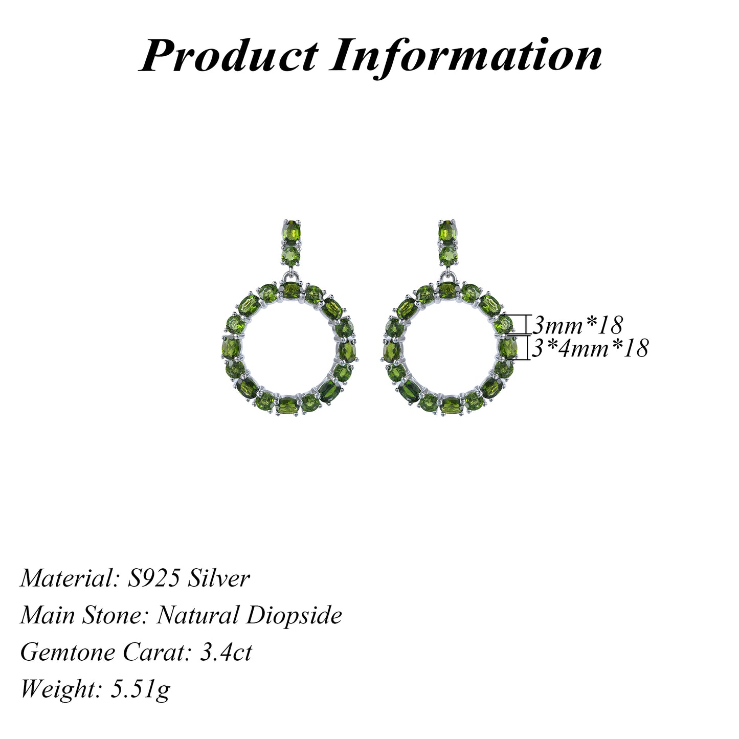 Rhodium Plated 925 Silver Geometric Roundcircle Natural Diopside Statement Drop Earrings