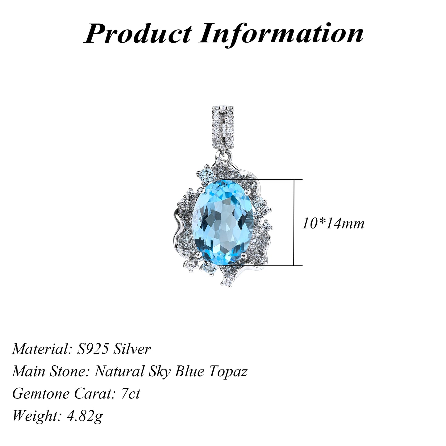 Graceful 925 Sterling Silver Pendant Rhodium Plated with Natural Sky Blue Topaz