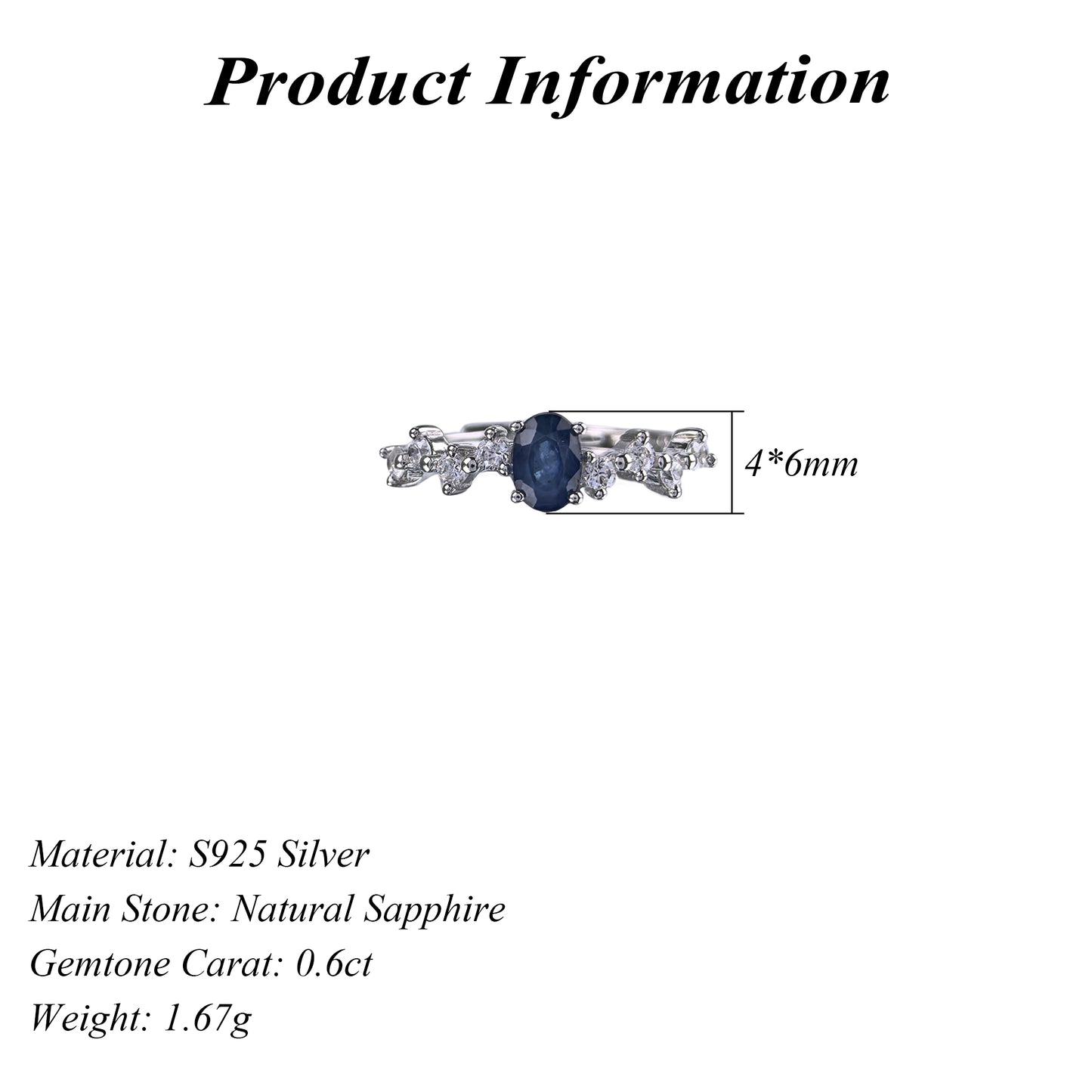 Delicate Rhodium Plated 925 Silver Jewelry Natural Sapphire Ring